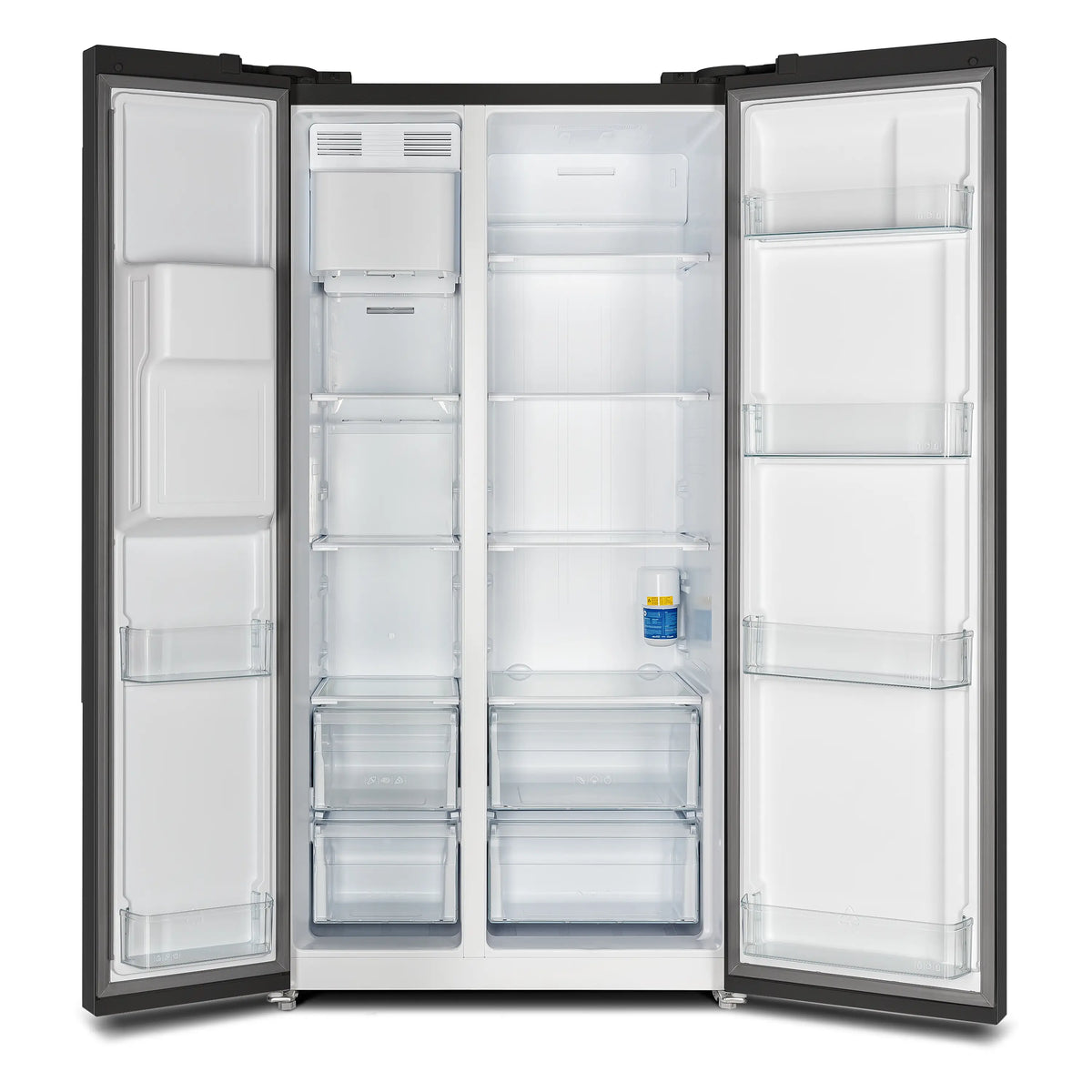 Black side-by-side refrigerator with open doors showing clear crisper drawers and shelves
