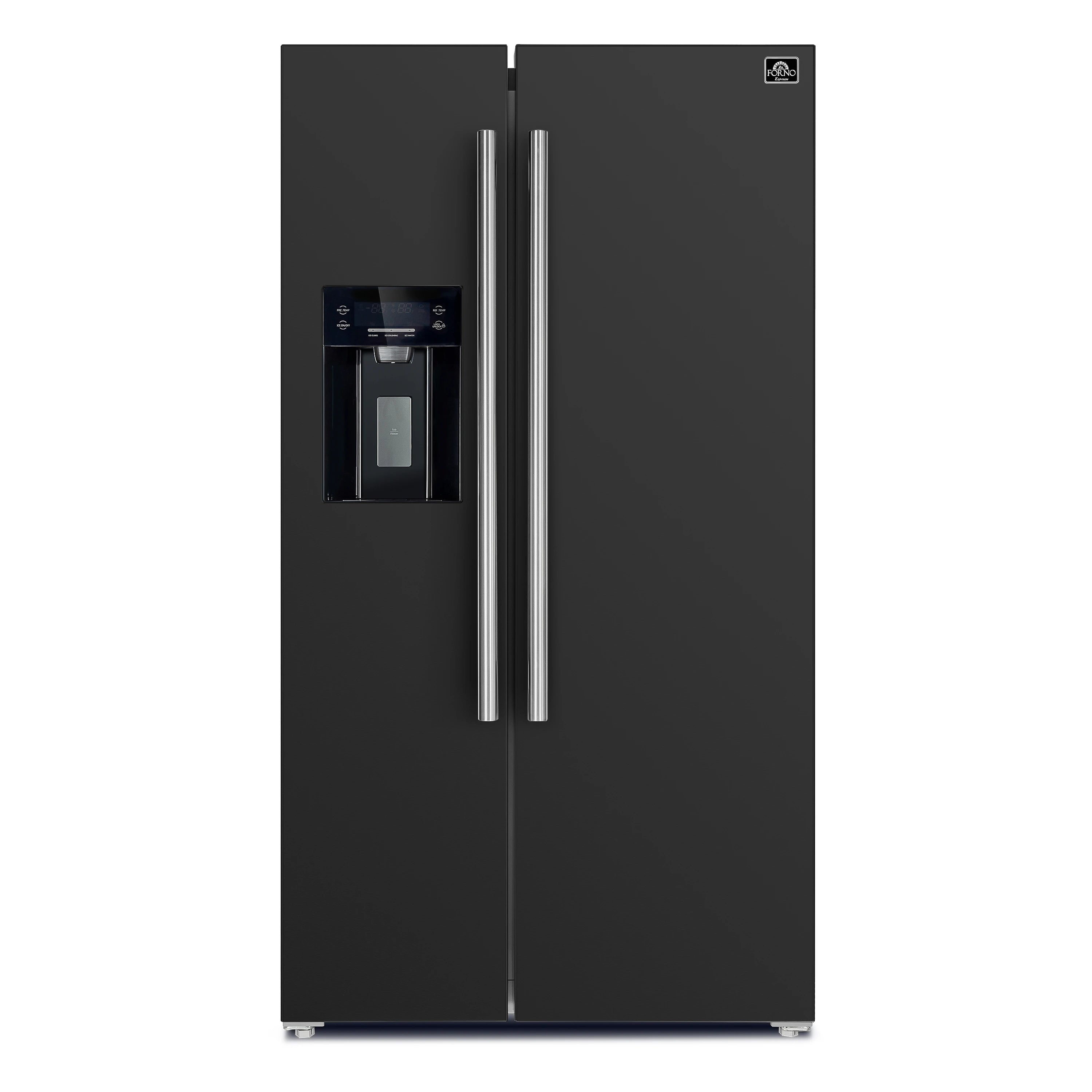 Black side-by-side refrigerator with water dispenser and twin stainless steel handles