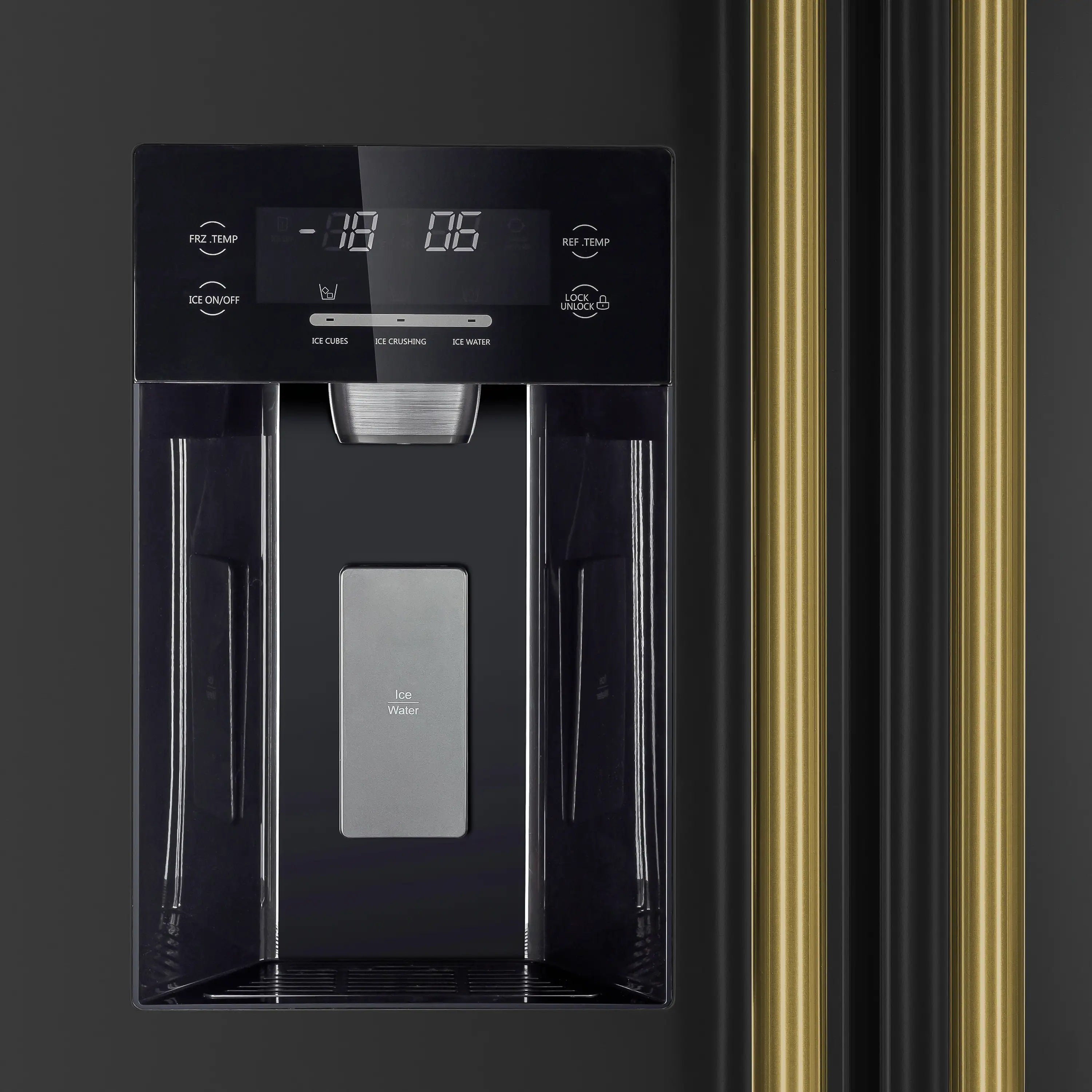 Black electric oven door with digital control panel and gold trim handles