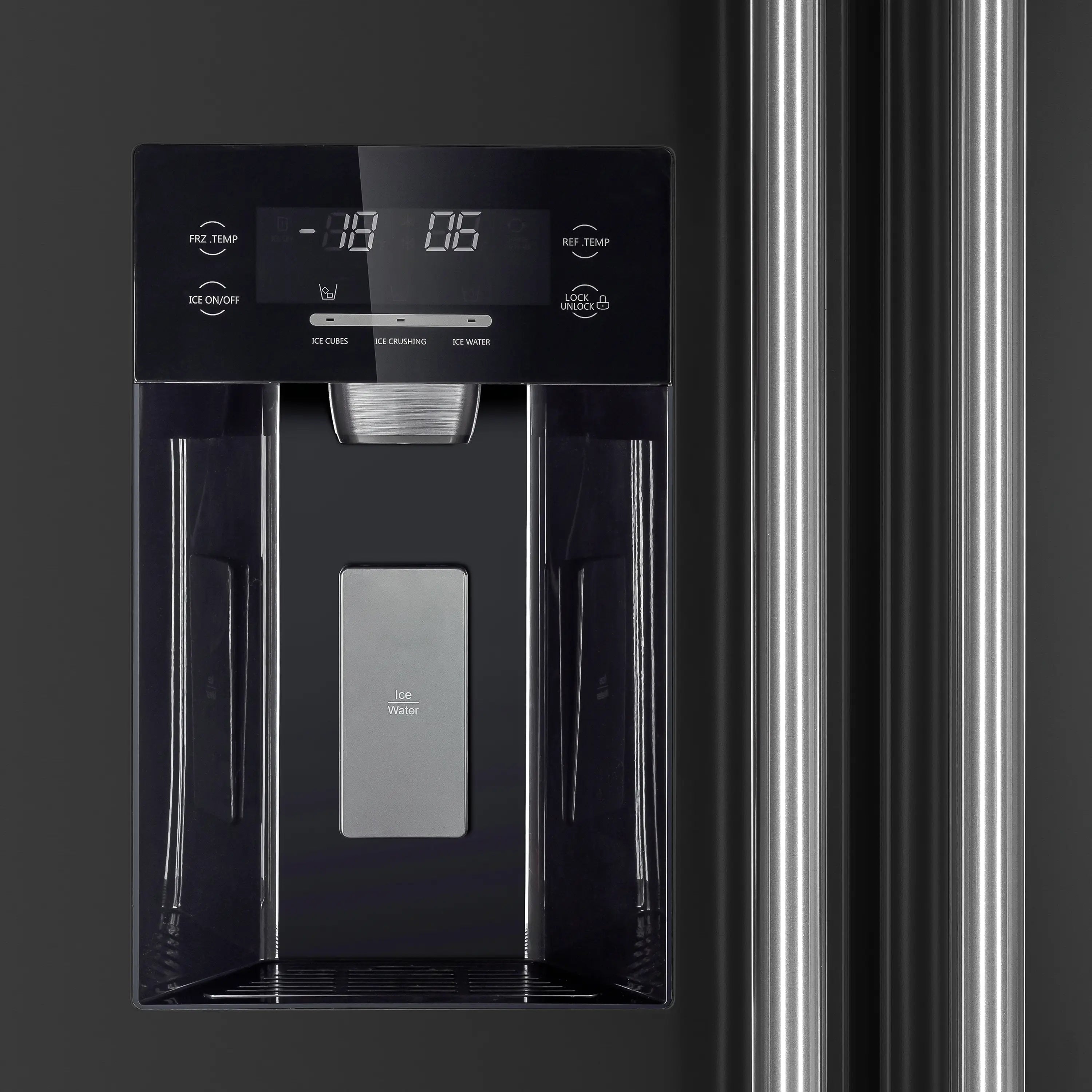 Stainless water dispenser and control panel on black side-by-side refrigerator