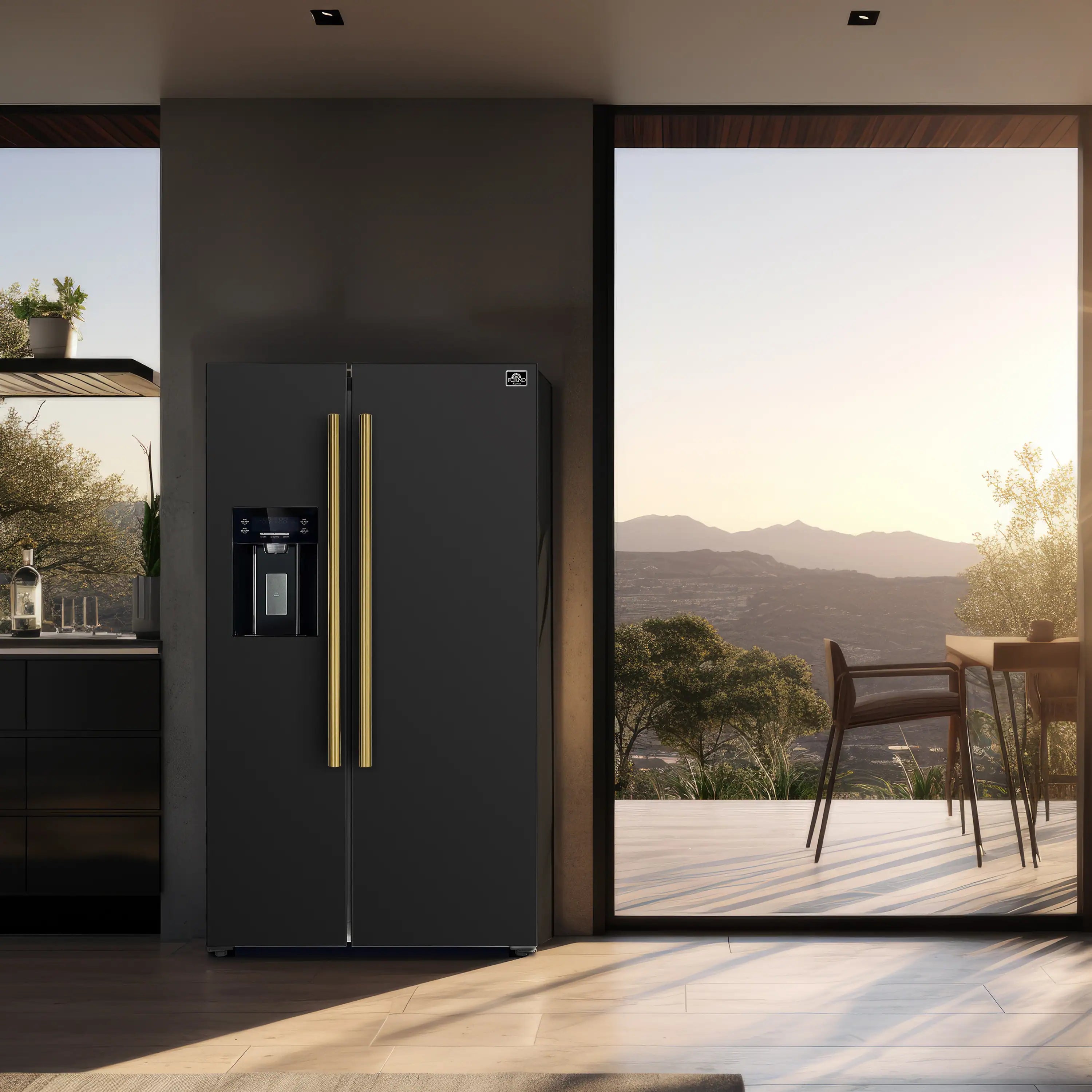 Black refrigerator with water dispenser and antique brass handles, front view