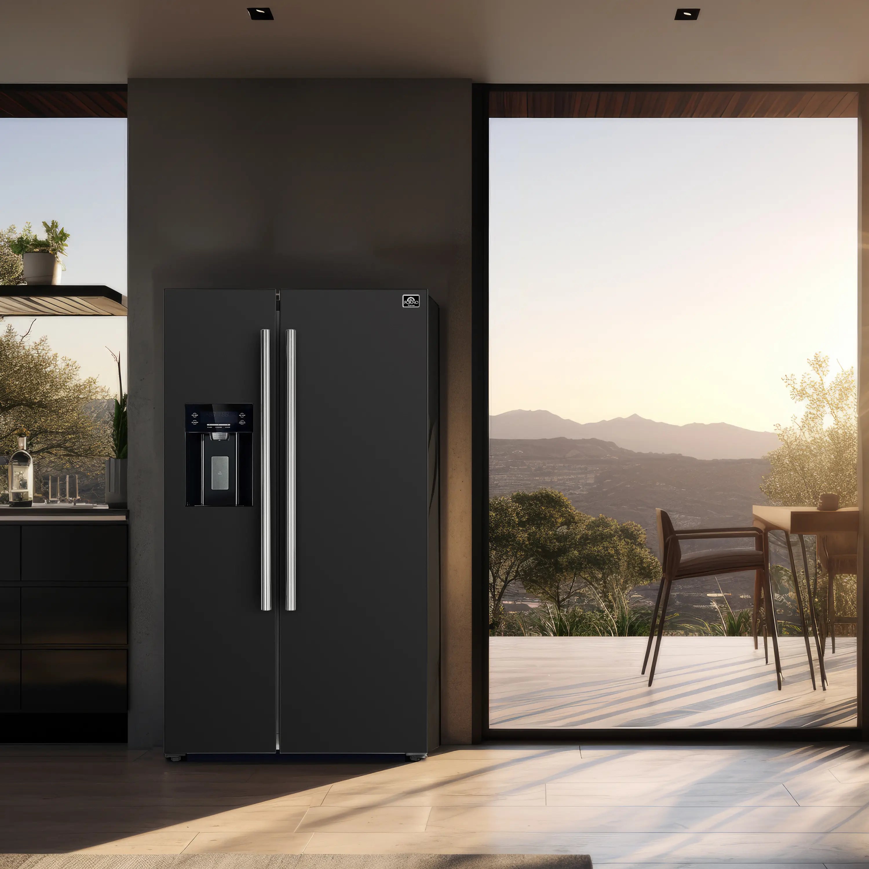 Black side-by-side refrigerator with water dispenser and dual stainless handles