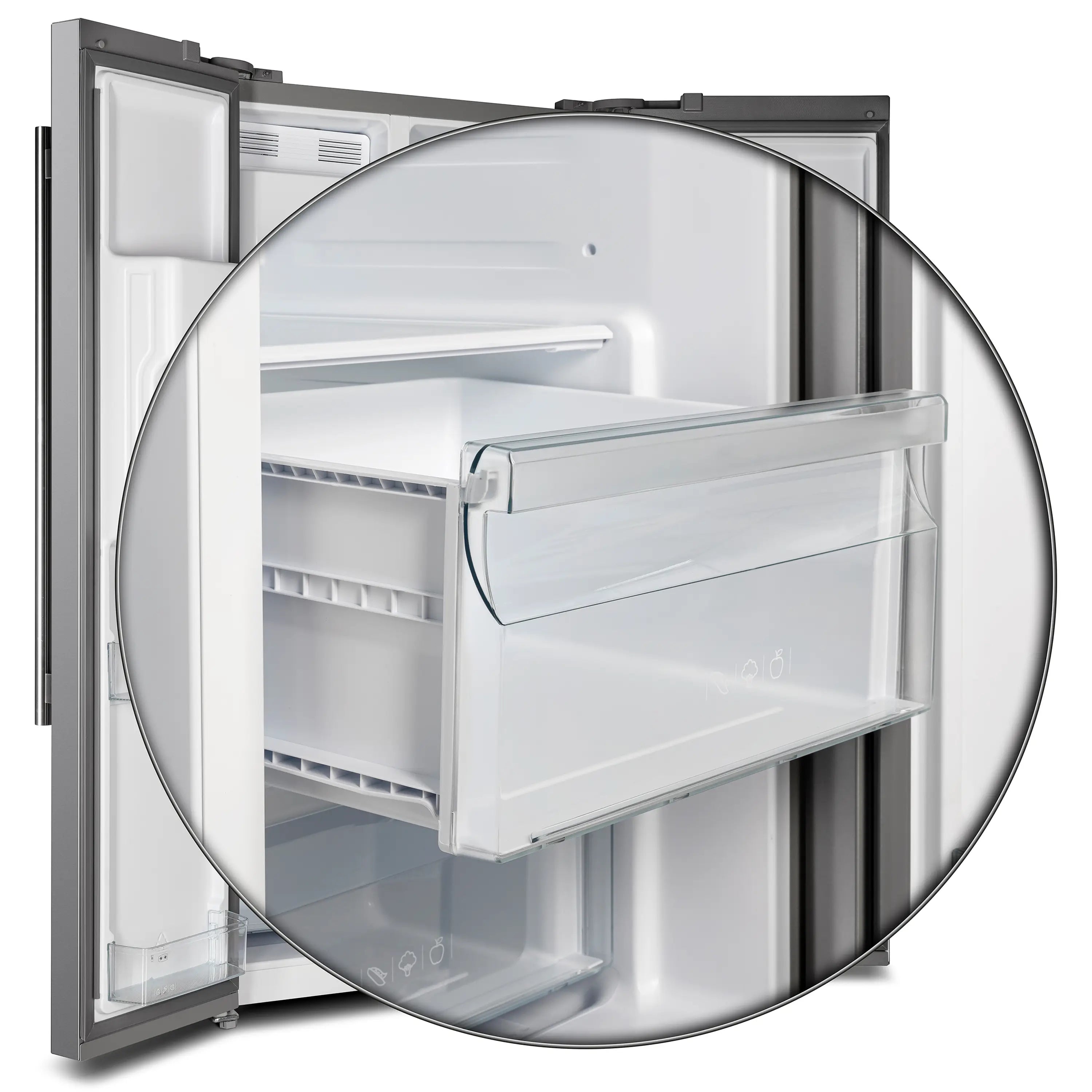 Refrigerator interior shelf and clear storage bin on the open left door