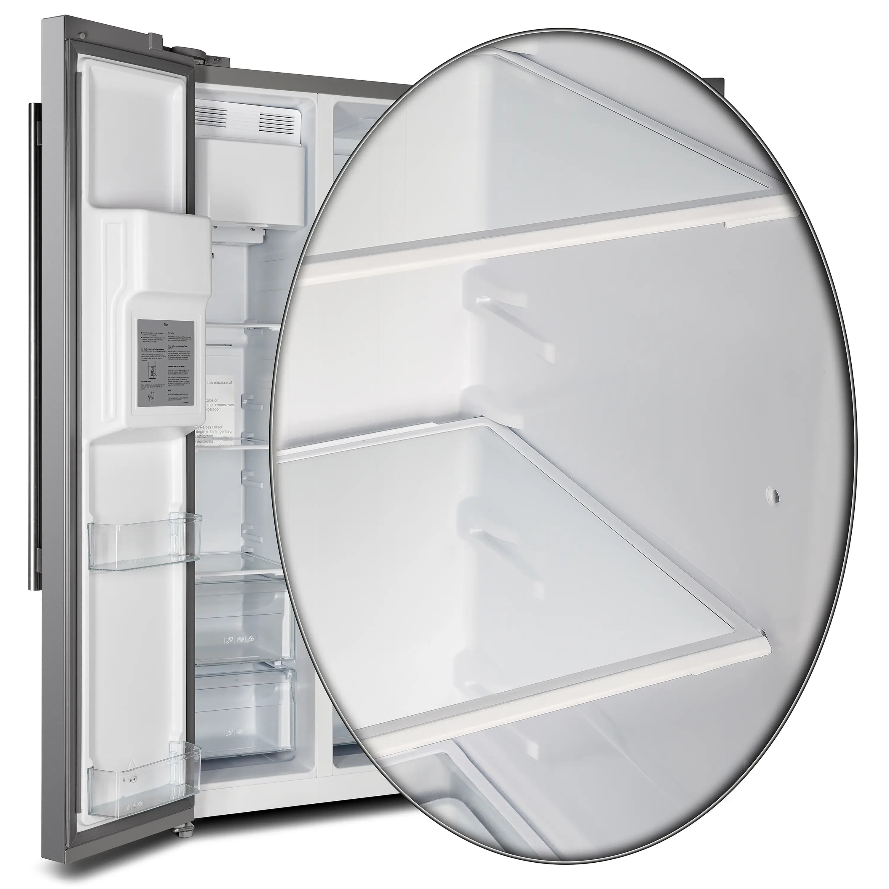 Refrigerator interior door shelf with angled glass support on open right compartment