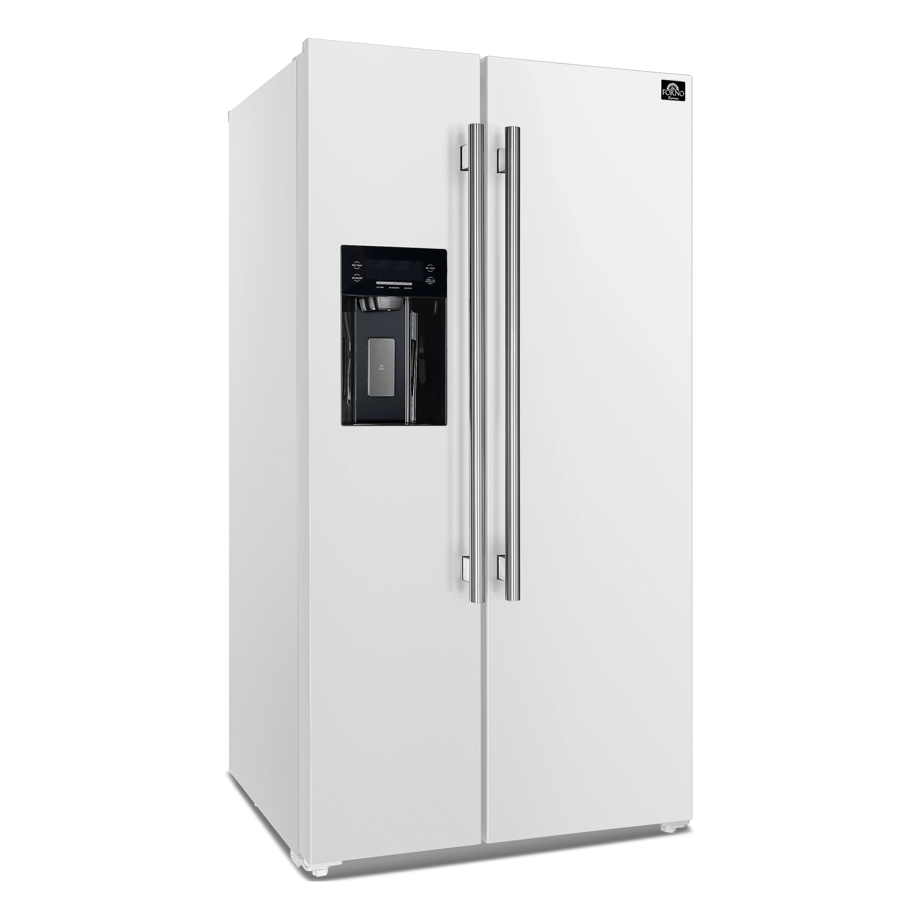 White side-by-side refrigerator with two stainless handles and water dispenser control panel