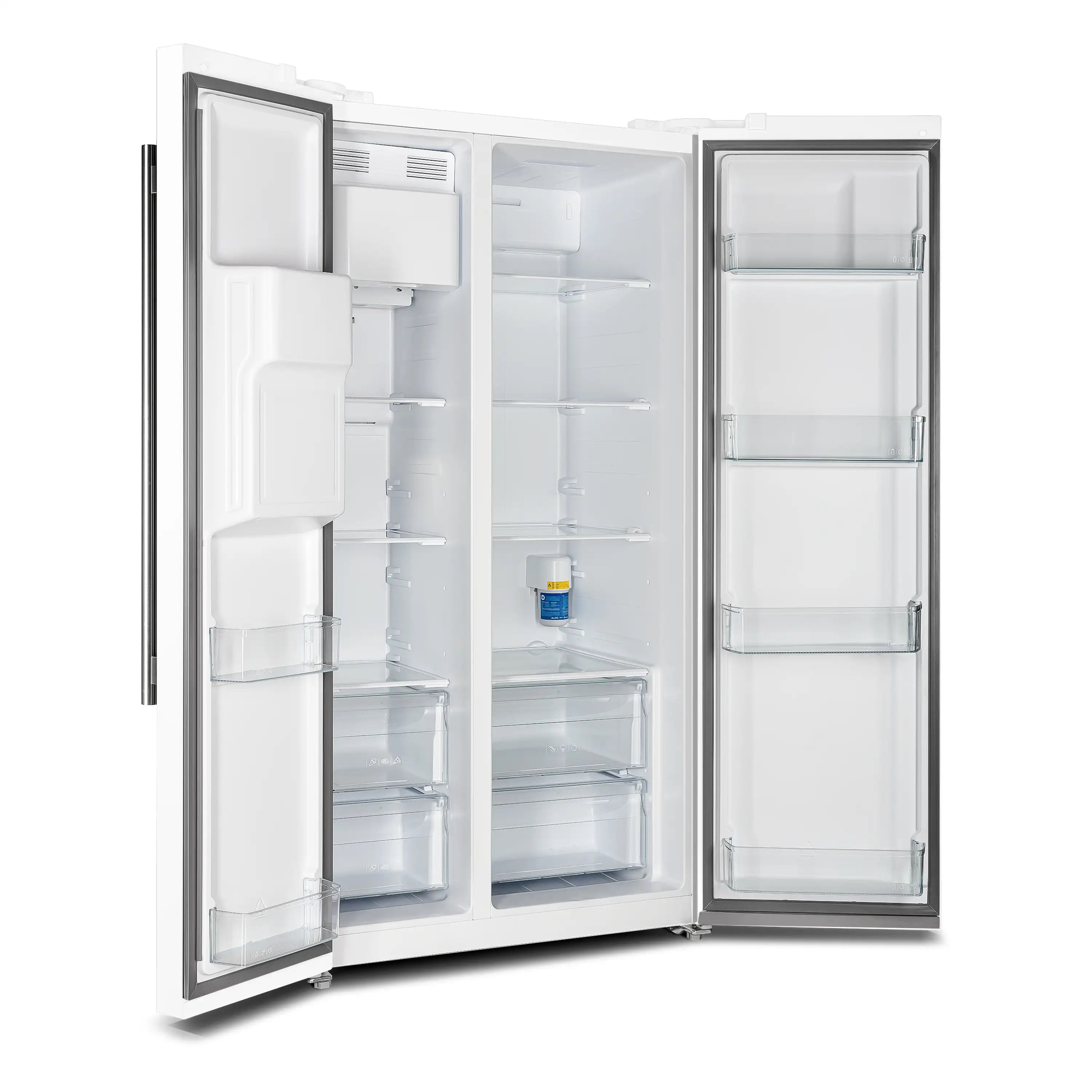 White side-by-side refrigerator with open doors, glass shelves, and stainless steel handles