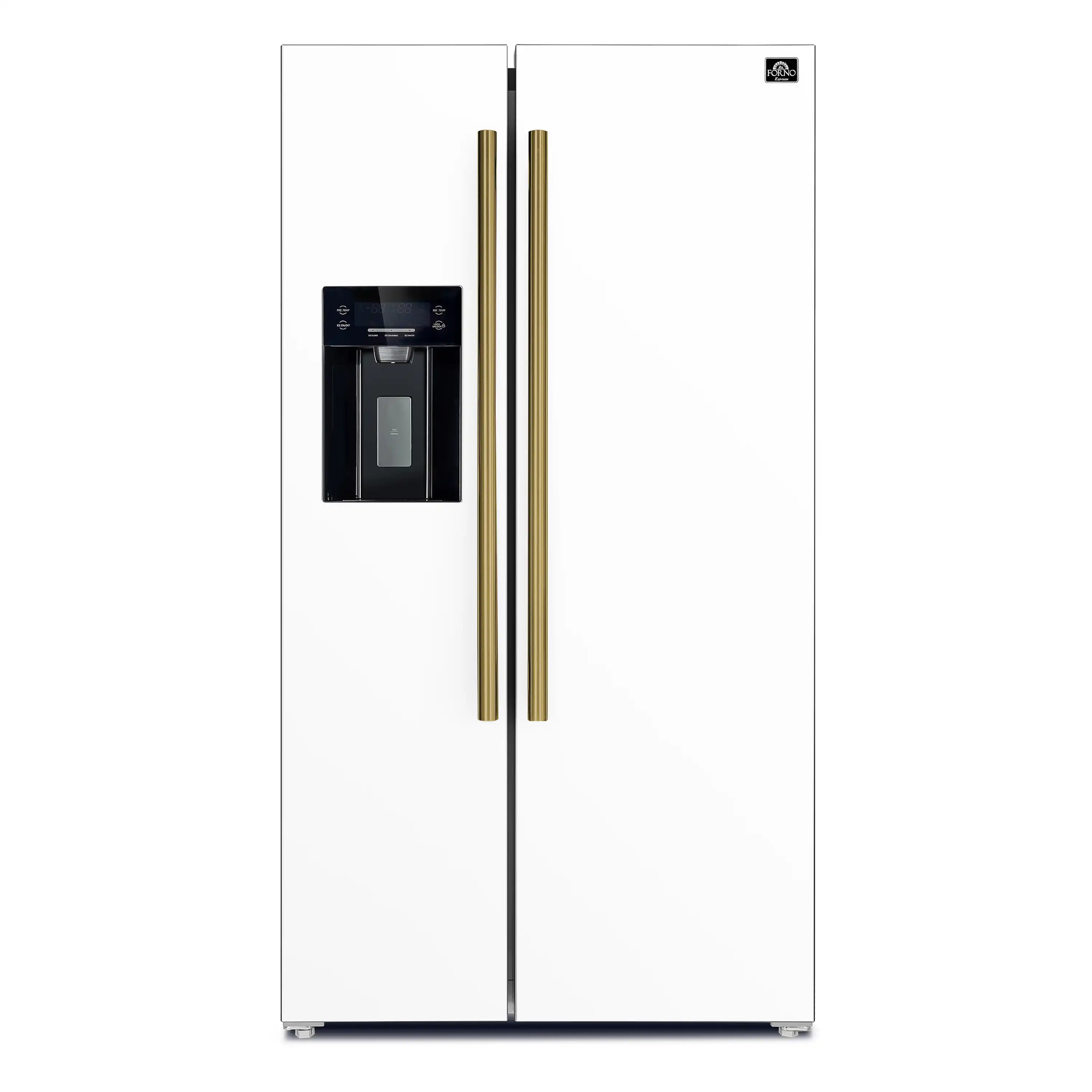 White side-by-side refrigerator with two brass vertical handles and built-in water dispenser