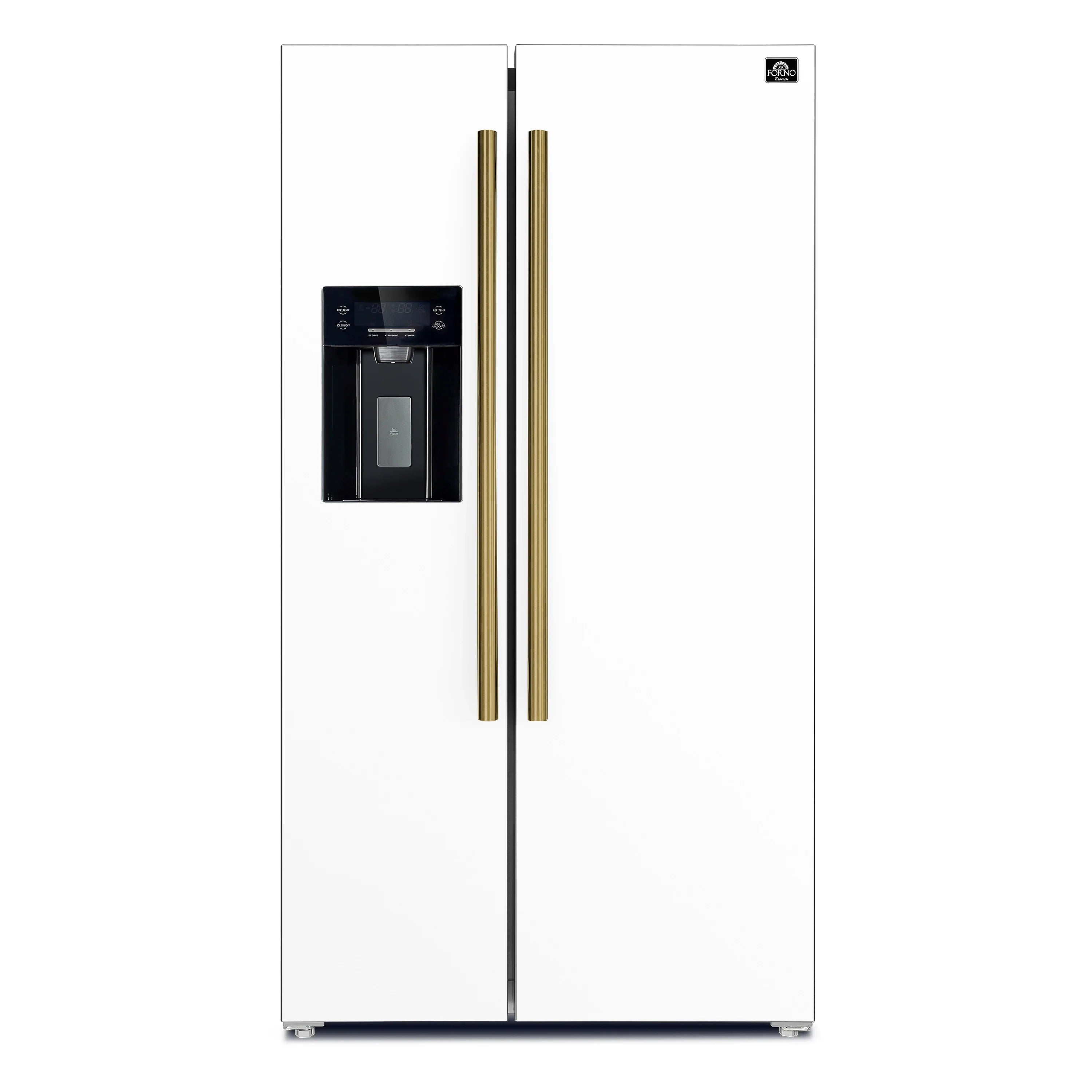 White refrigerator with two vertical handles and built-in oven-style water control