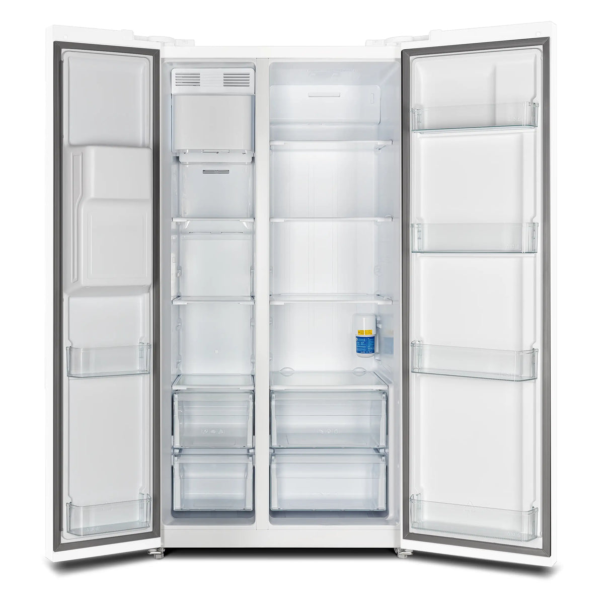 White 2-door refrigerator open interior with shelves and door bins