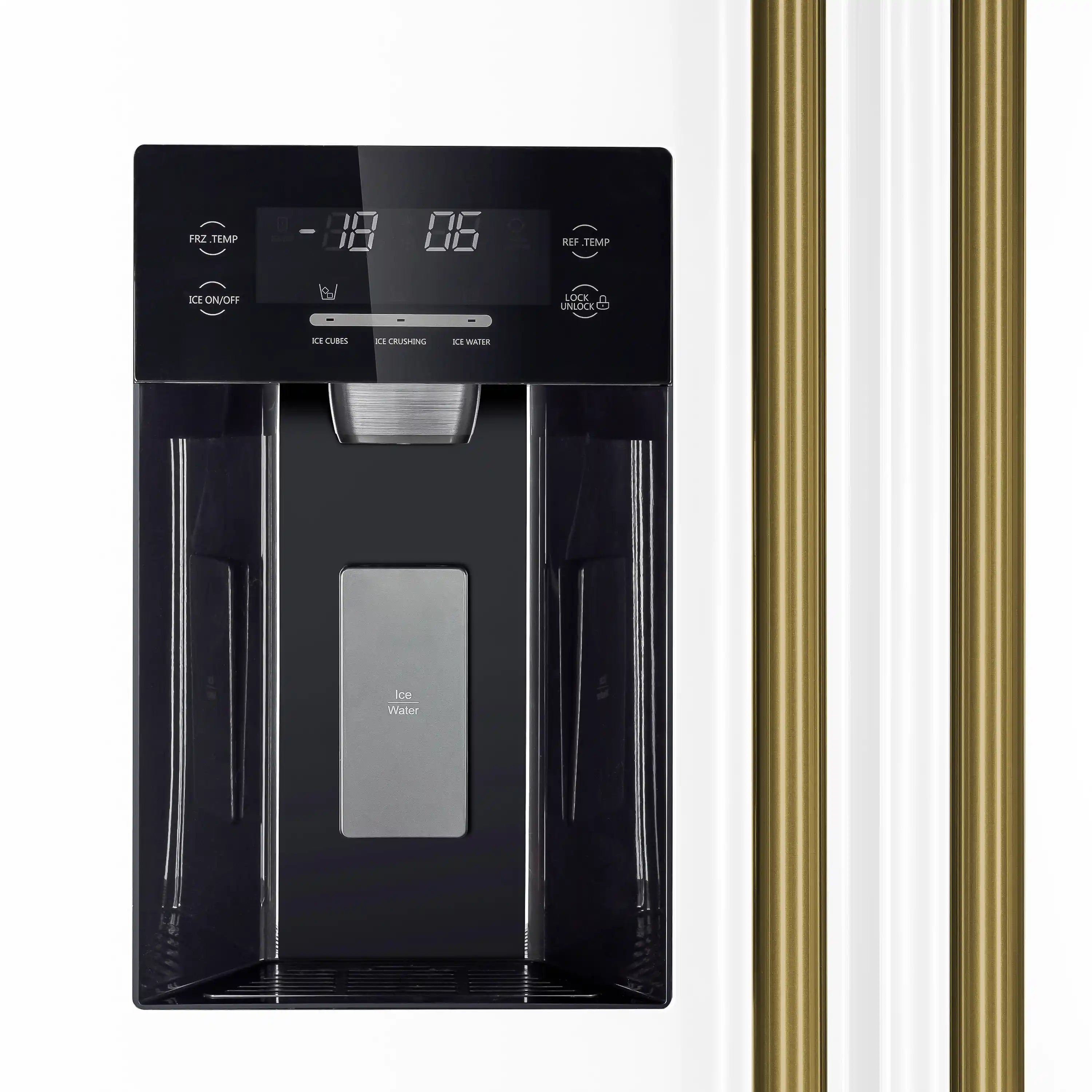 Black refrigerator water dispenser panel on white body with antique brass-style handles