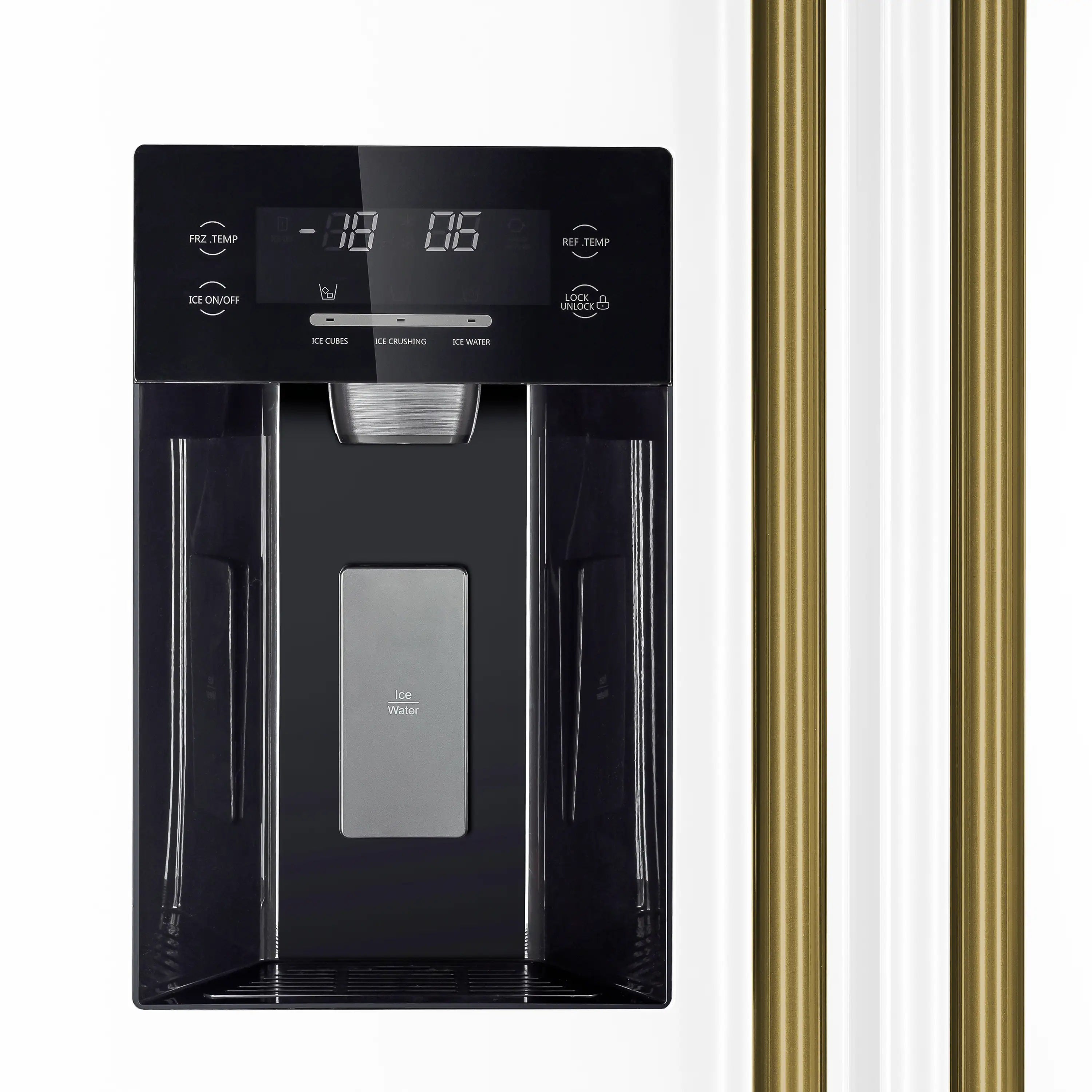 White built-in refrigerator door with black touchscreen control panel and gold trim