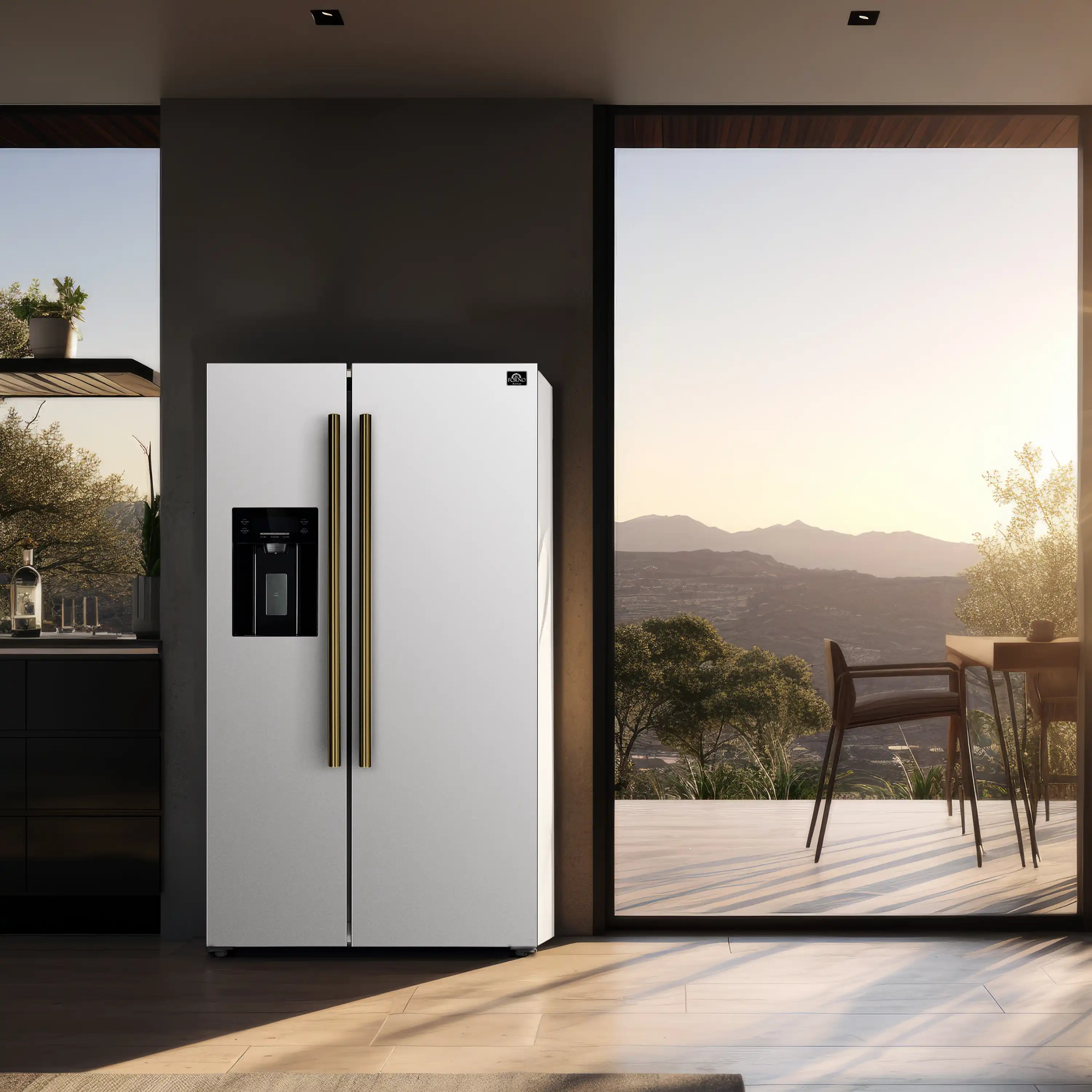 White side-by-side refrigerator with brass dual handles and in-door water dispenser