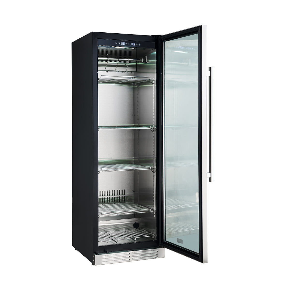 Dry aging cabinet with open door, glass panel, metal shelves, and interior light