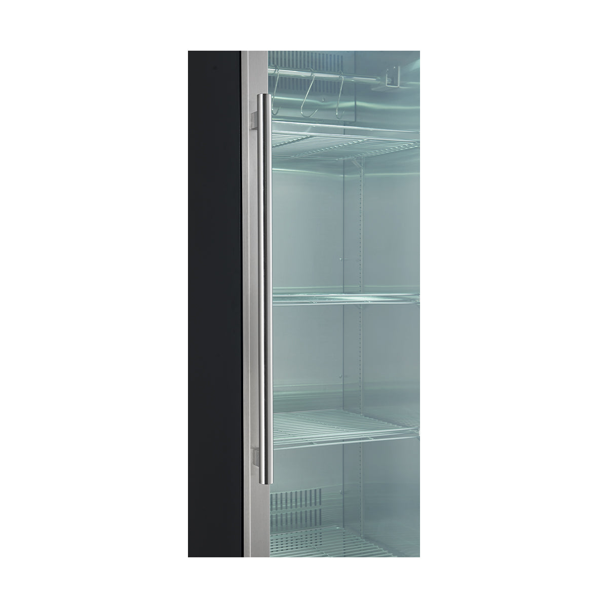 Stainless dry aging cabinet door with window showing lit interior shelves