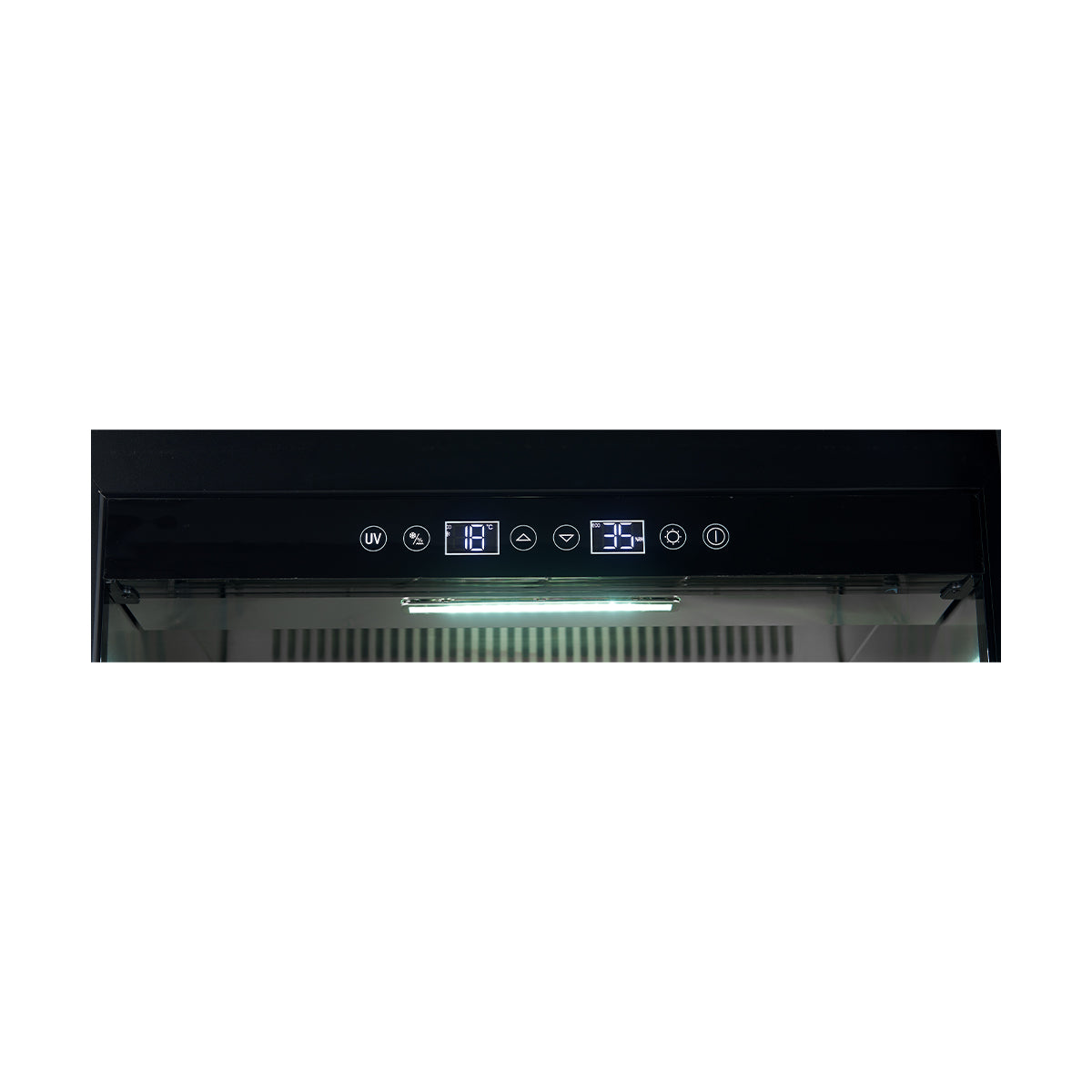 Dry aging cabinet control panel with icons and digital display above glass