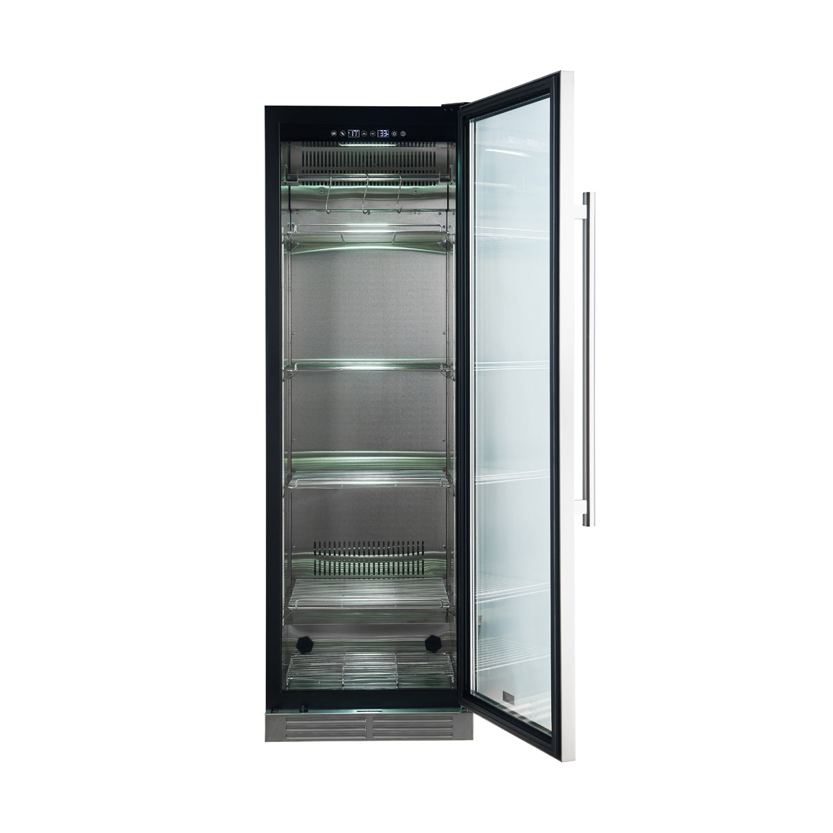 Stainless dry aging cabinet with open door, interior racks, and side handle
