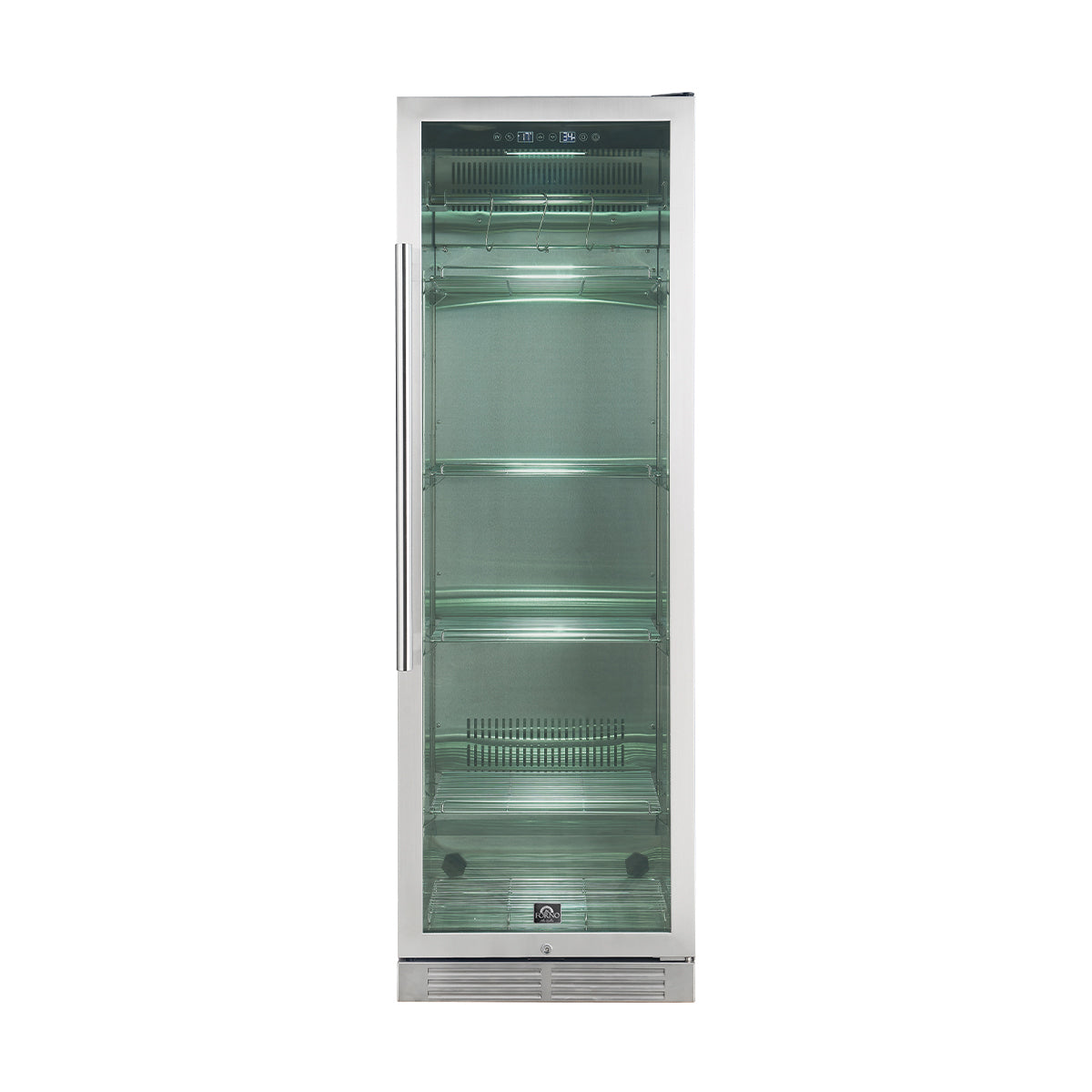 Stainless dry aging cabinet with glass door, lit interior, and multi-level shelves