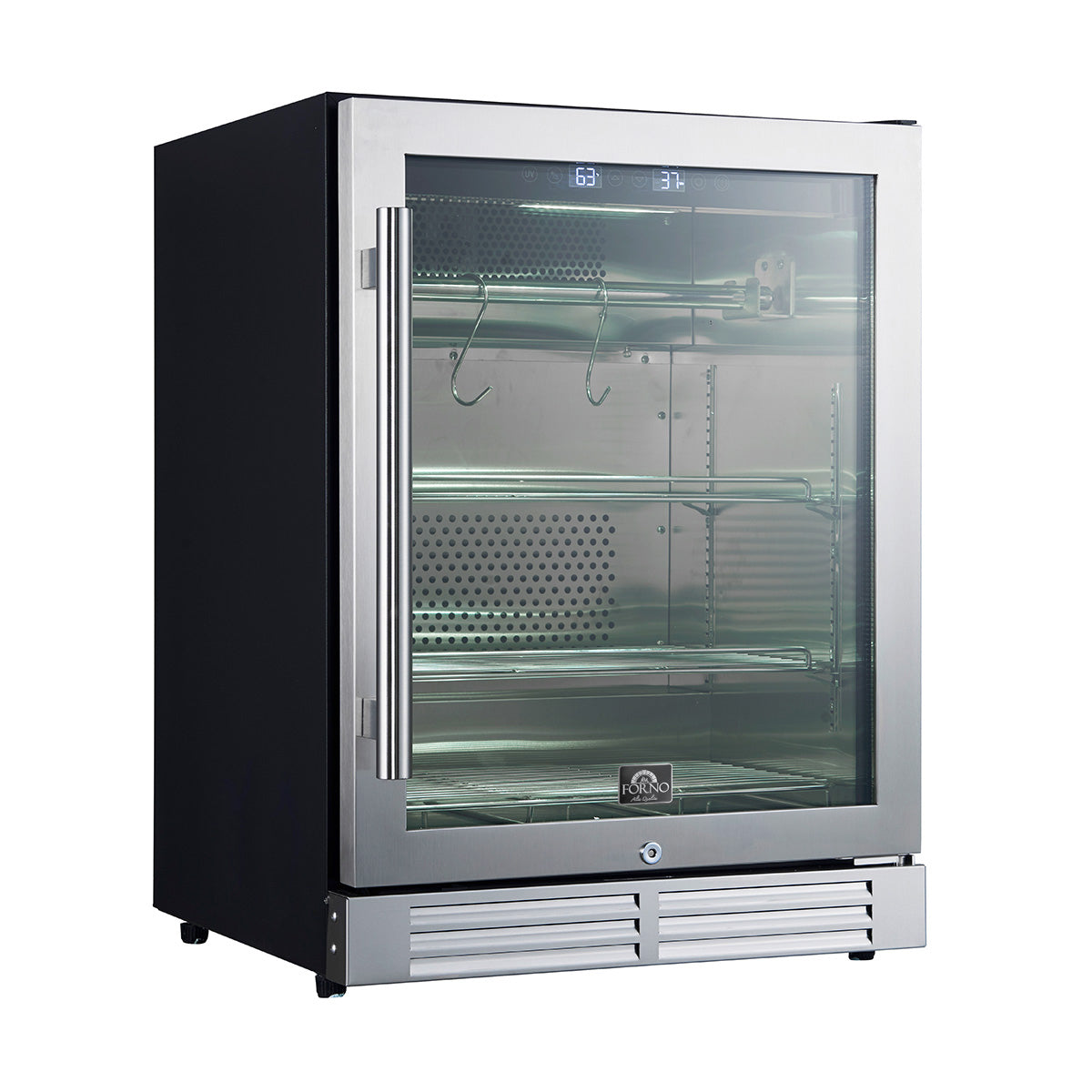 Stainless steel dry aging cabinet with glass door, interior racks and hanging hooks