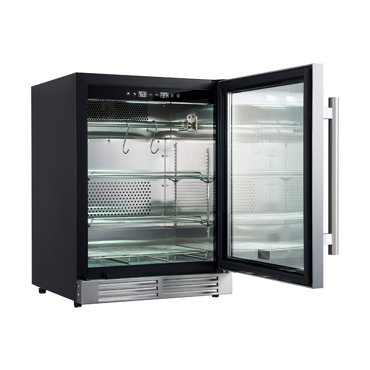 Dry aging cabinet with open glass door and interior shelves, hooks, and perforated back