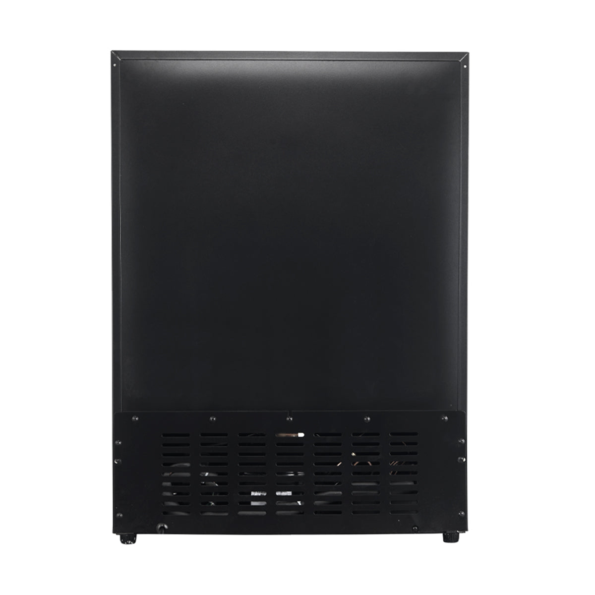 Black dry aging cabinet back panel with ventilation grille and leveling feet
