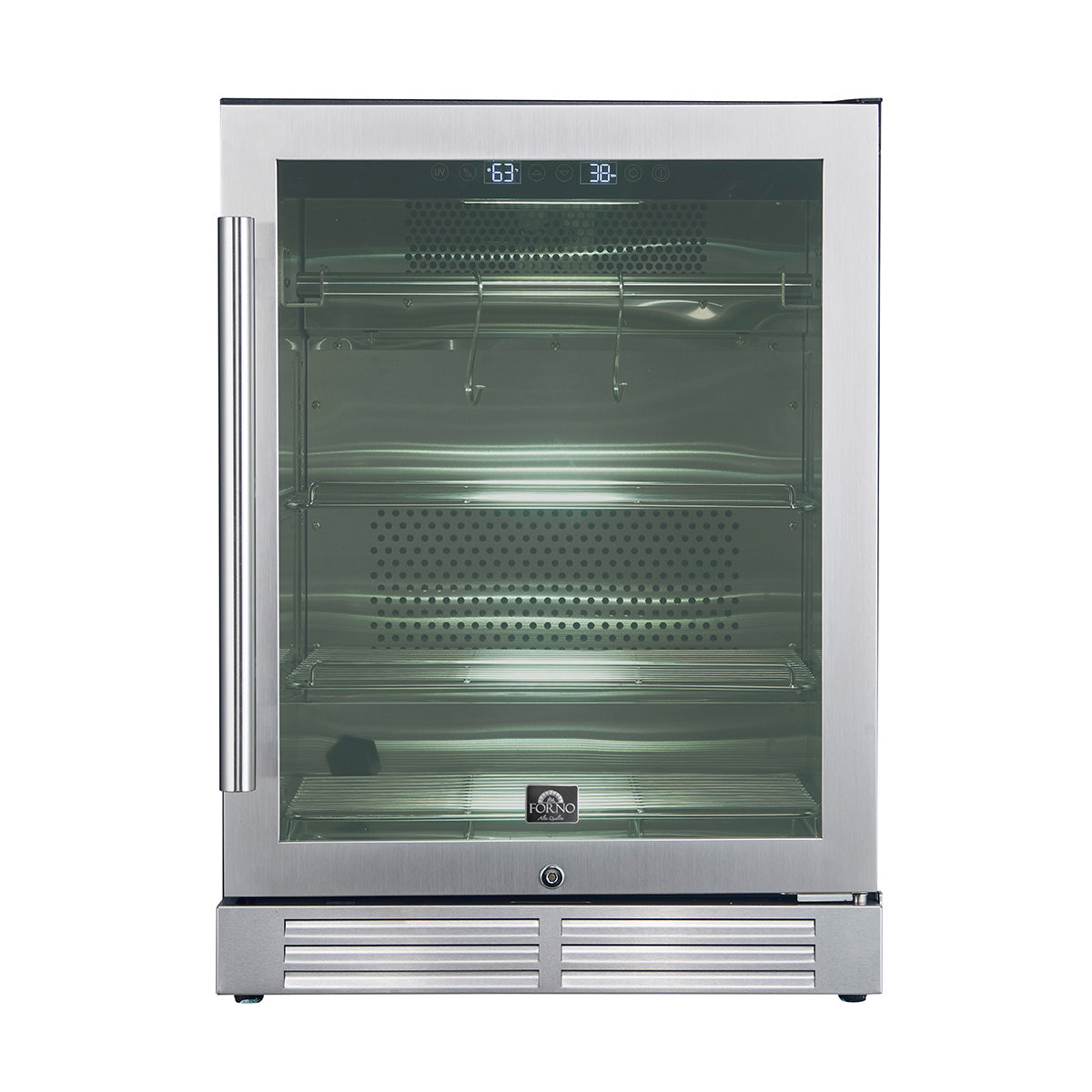 Stainless steel dry aging cabinet with glass front door and interior shelf racks