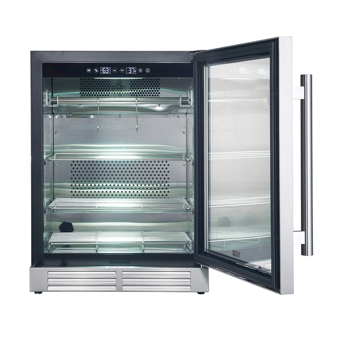 Dry aging cabinet with open glass door showing stainless shelves and perforated paneling