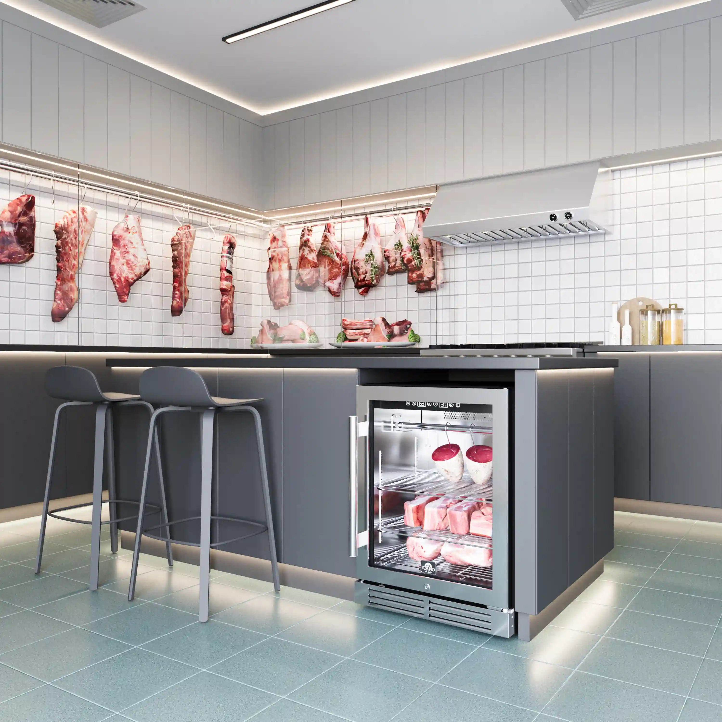Stainless steel dry aging cabinet in kitchen, glass door showing hanging meats inside