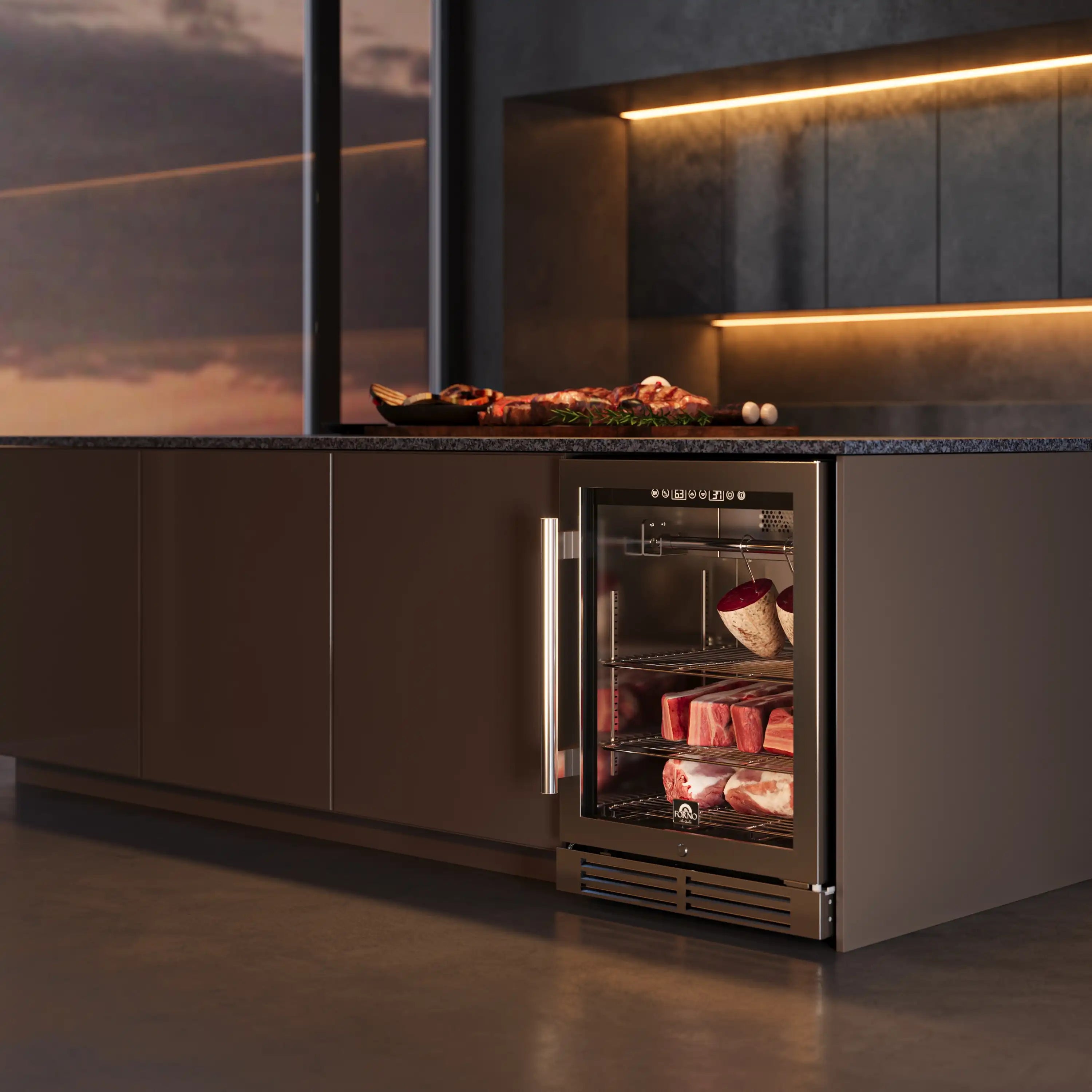 Stainless steel dry aging cabinet with glass door, showing meat and shelf contents