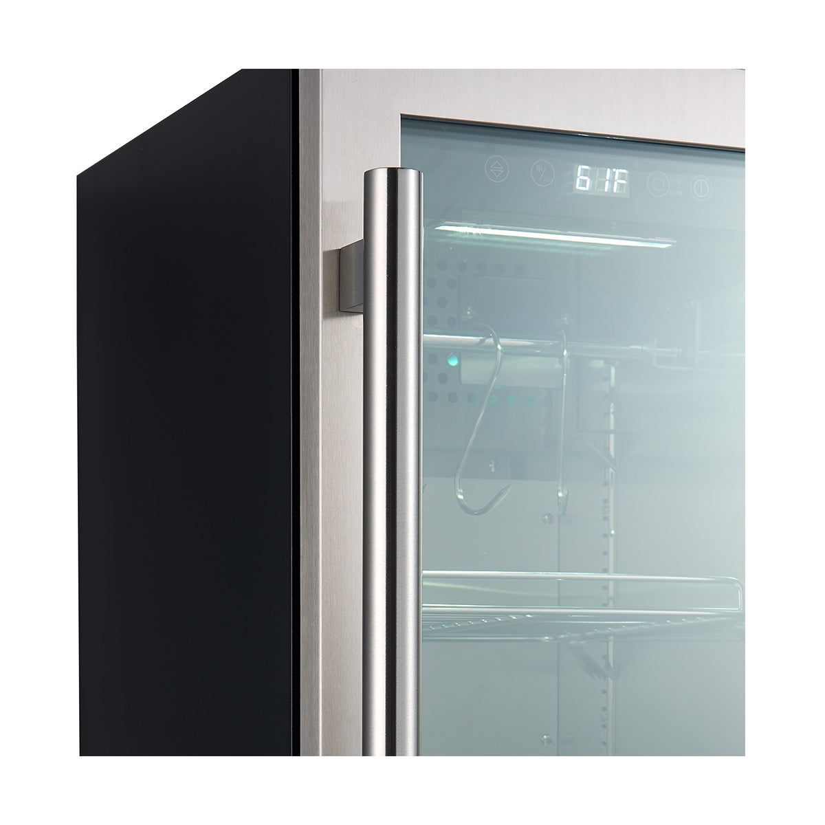 Dry aging cabinet side view with stainless handle and control display through glass