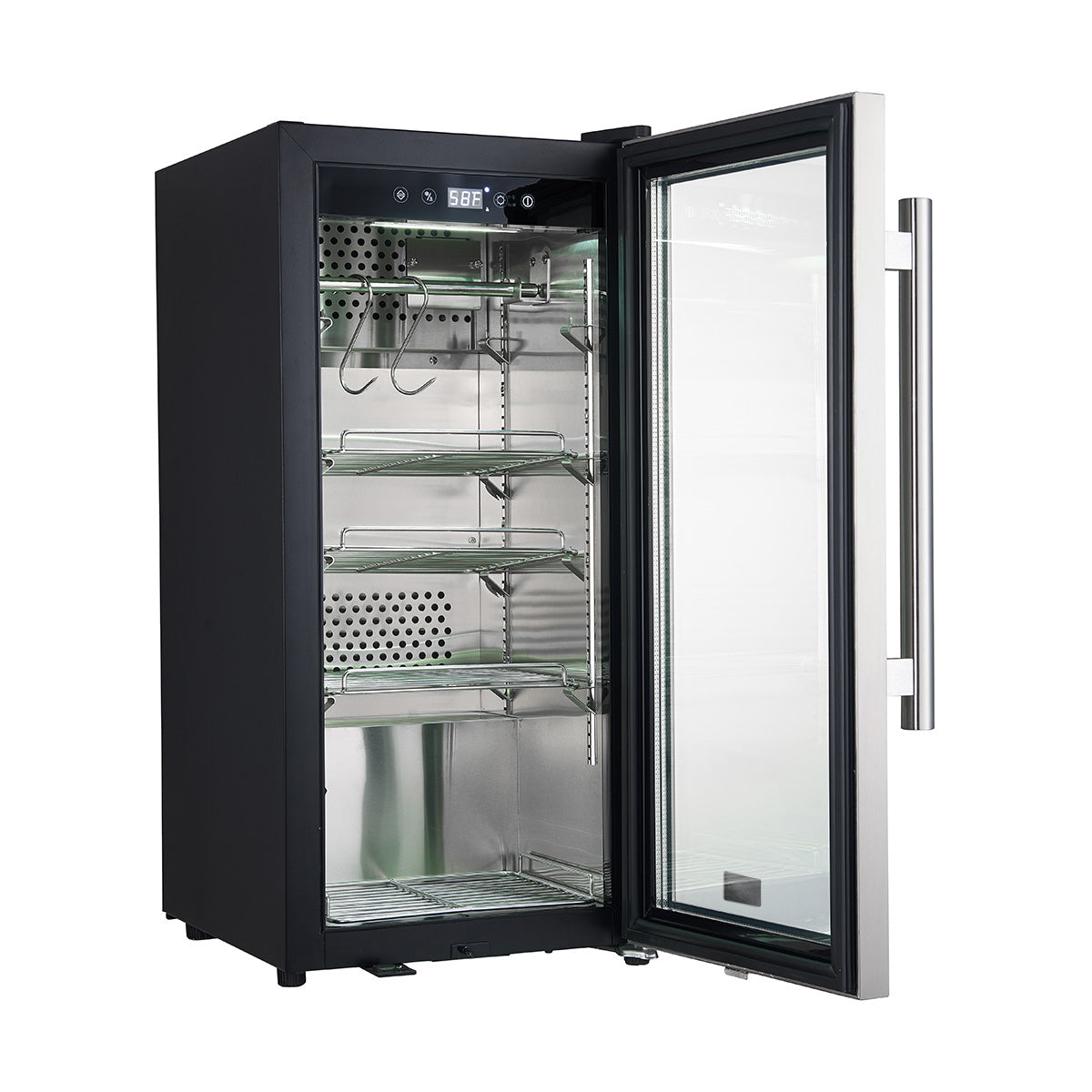 Dry aging cabinet open, stainless interior with wire racks and perforated back panel
