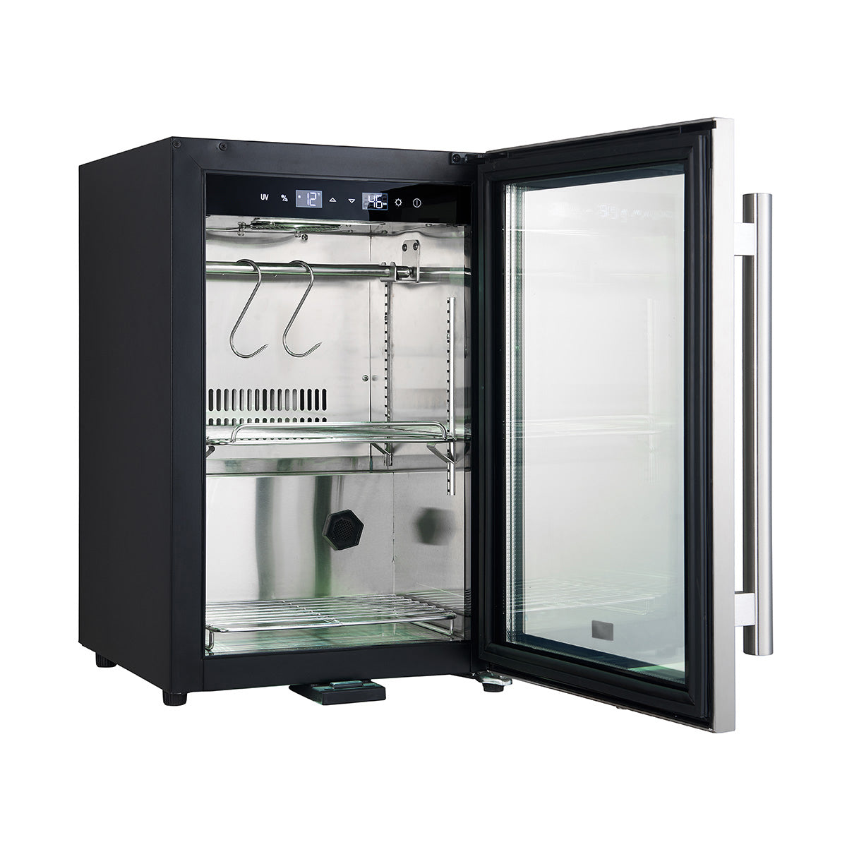 Dry aging cabinet with open glass door, interior racks and control panel