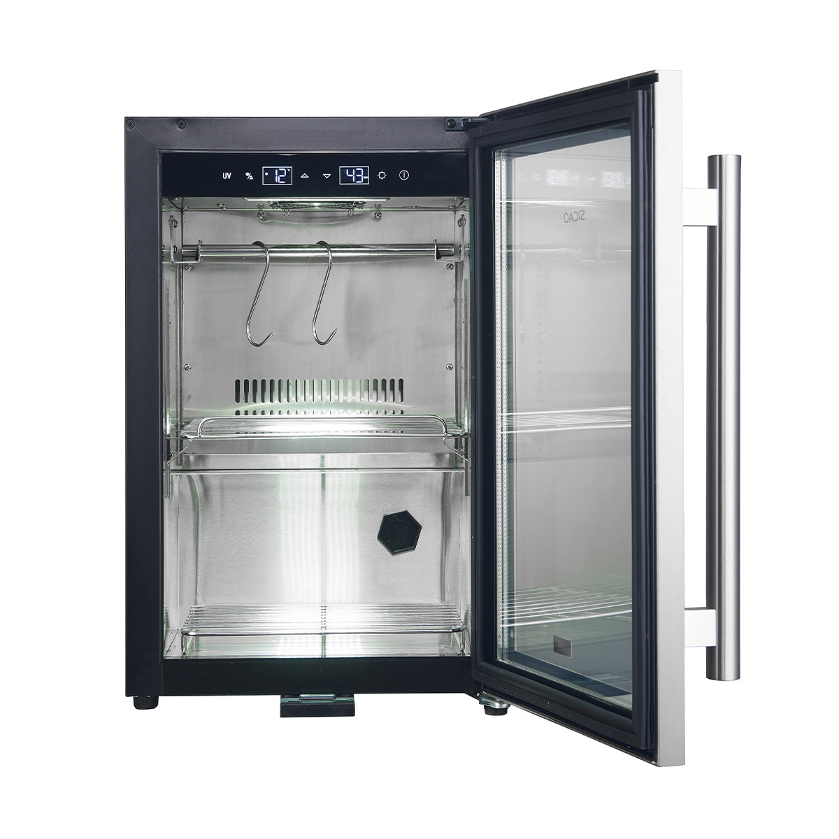 Dry aging cabinet with open glass door, wire hooks and metal shelf interior