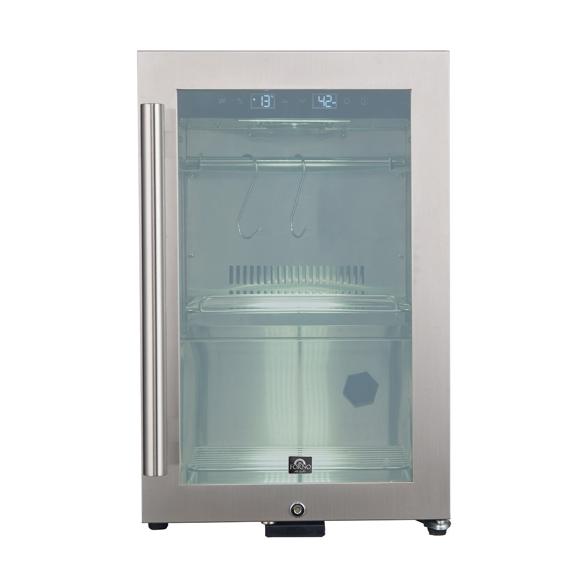 Stainless steel dry aging cabinet with glass door and digital temperature readout