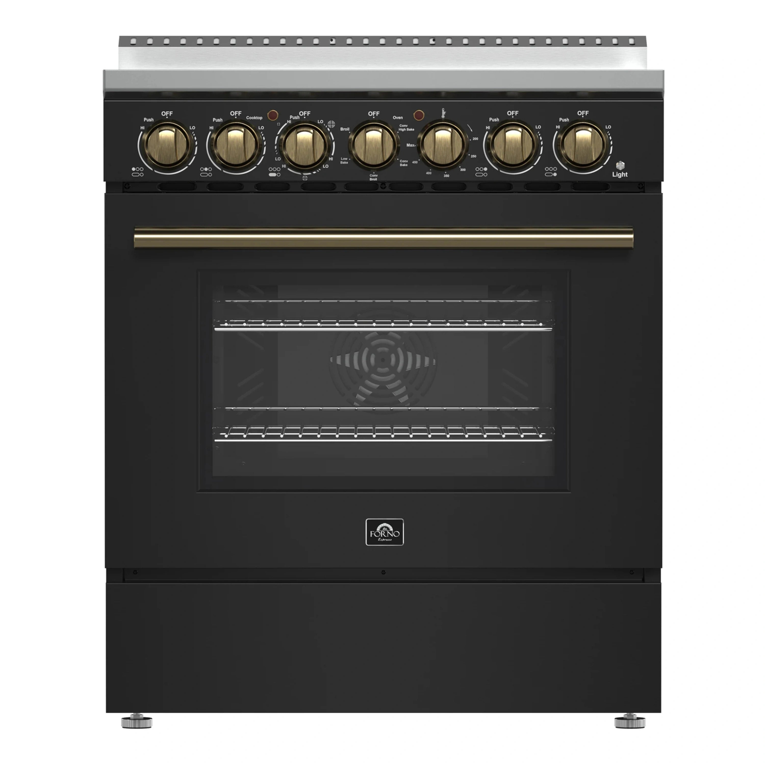Black freestanding electric range with brass knobs and oven door handle.