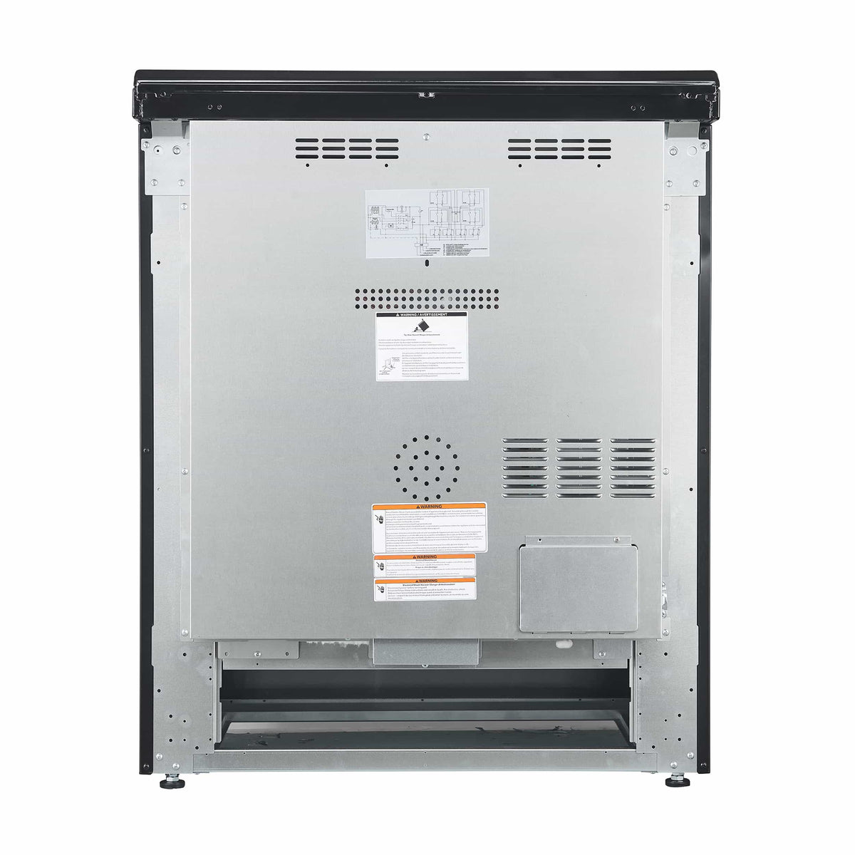 Electric range back panel with vent openings and wiring cover, stainless metal