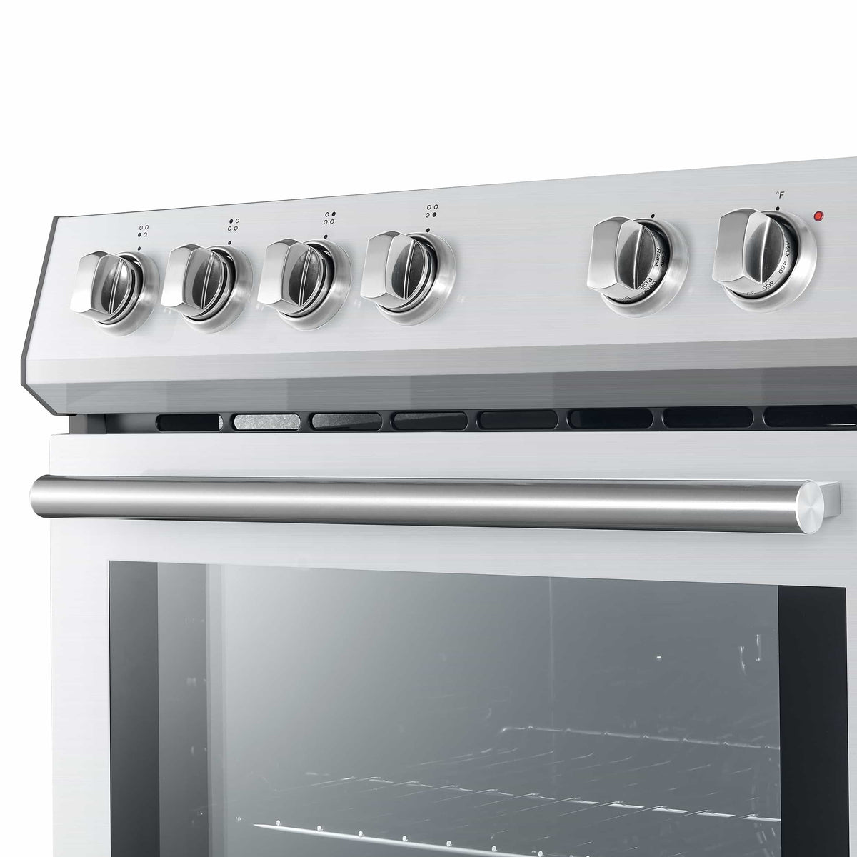 Stainless steel electric range control panel with chrome knobs and front handle