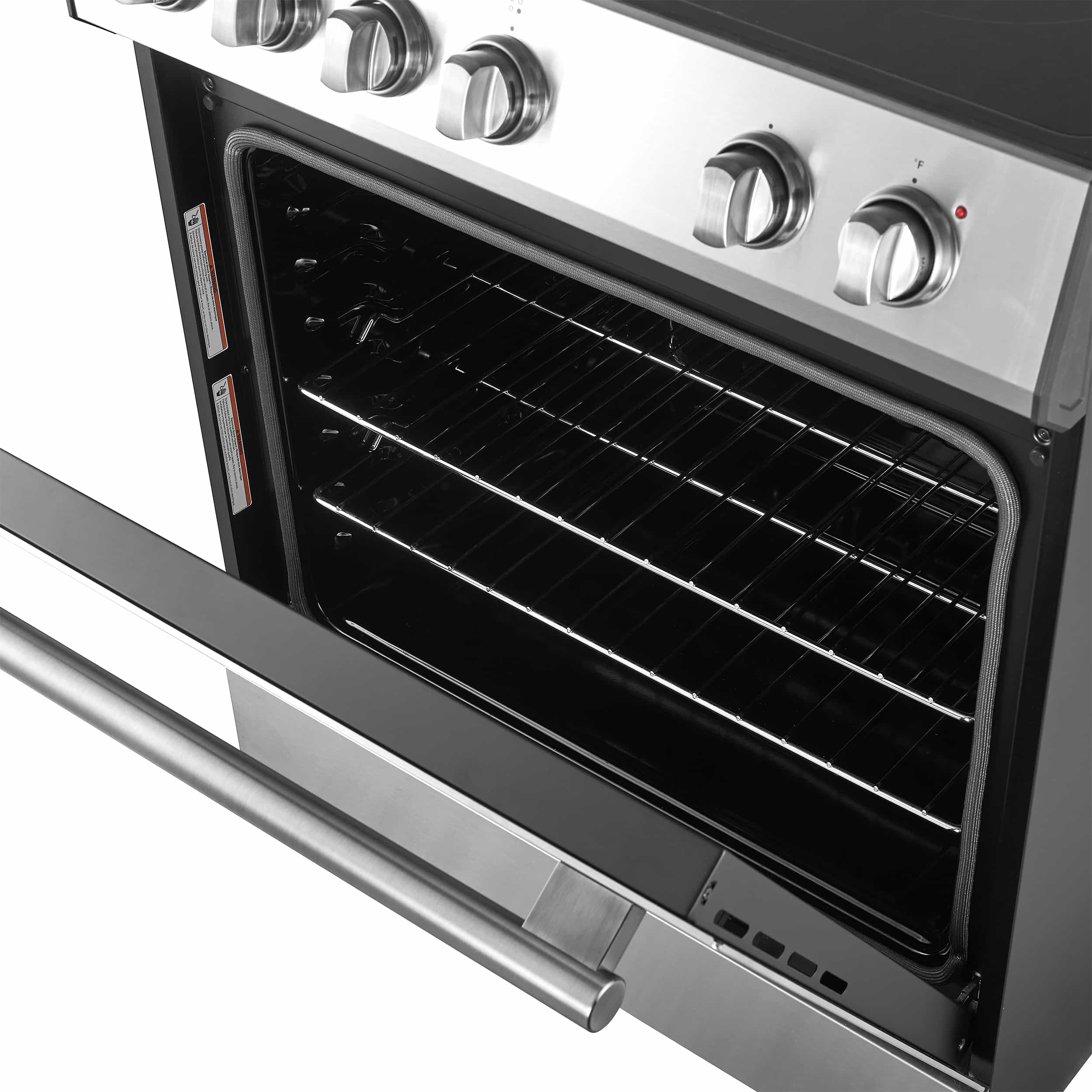 Stainless steel electric range with oven door open, black interior rack and heating element