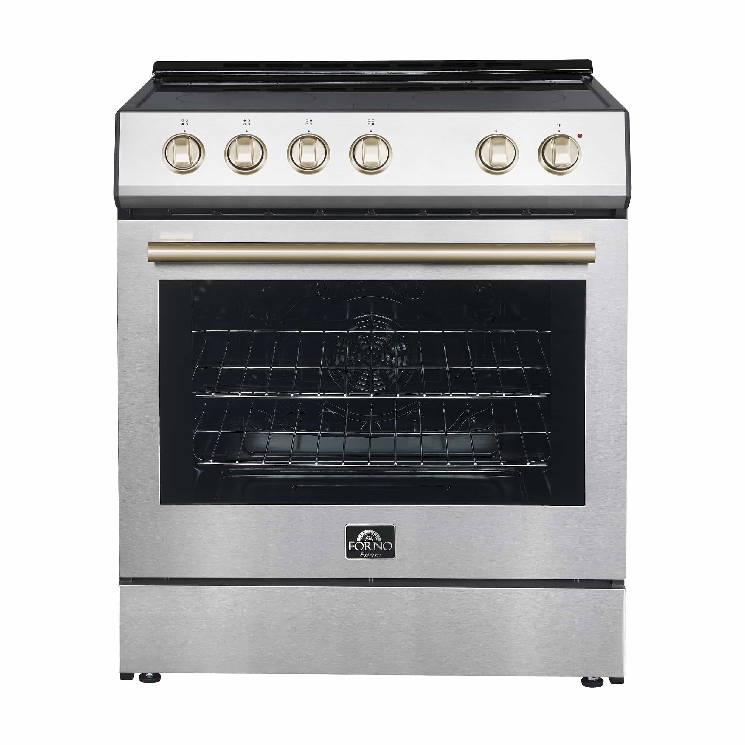 Stainless steel electric range featuring black oven door and round chrome knobs