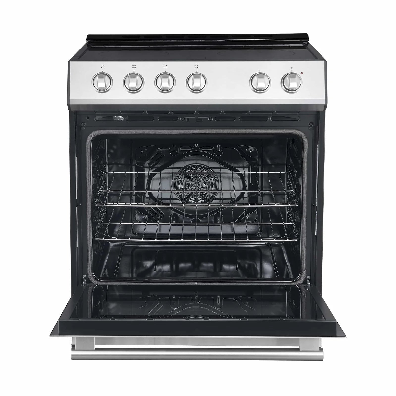 Stainless steel electric range with open oven door and wire racks