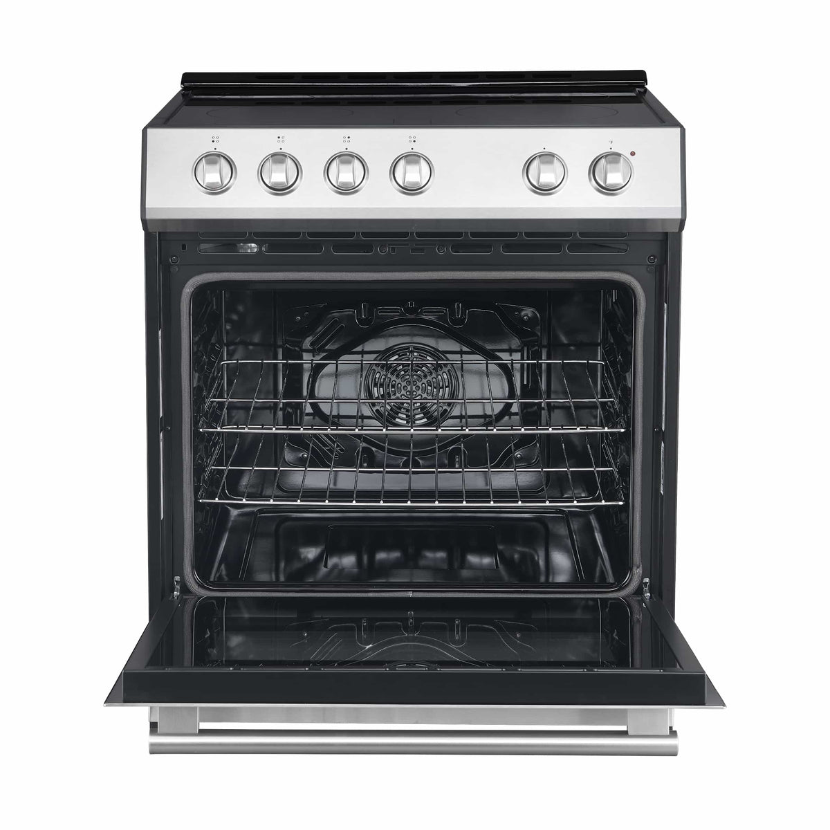 Stainless steel electric range oven open with racks and cookware heating elements