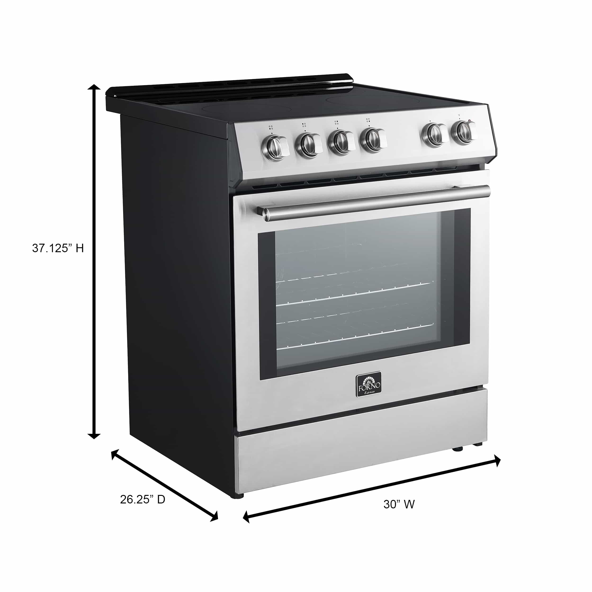 Stainless electric range with dimension layout graphic for width and height