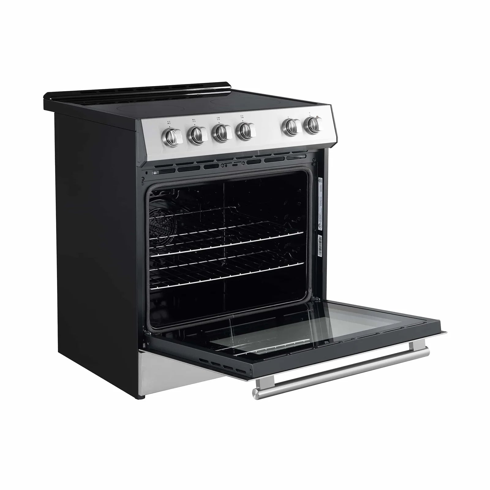 Stainless steel electric range with oven door open and control knobs on cooktop