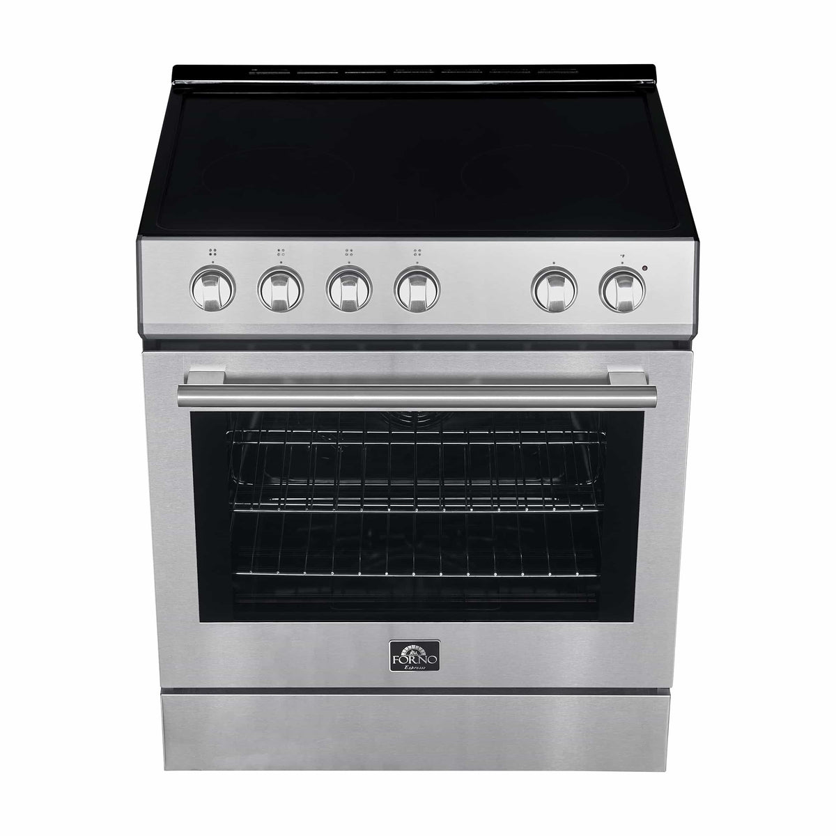 Stainless steel electric range with oven window, chrome knobs, and top cooktop