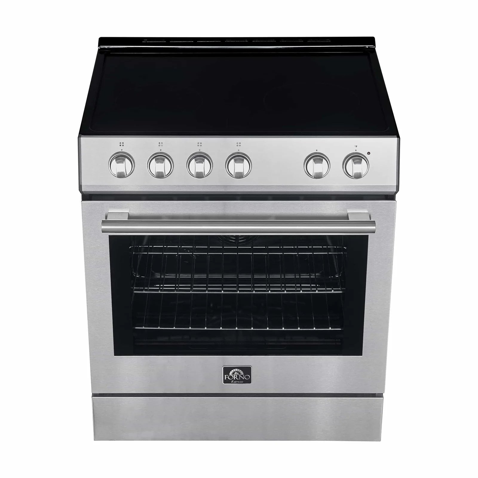 Stainless steel electric range with cooktop knobs and closed oven door