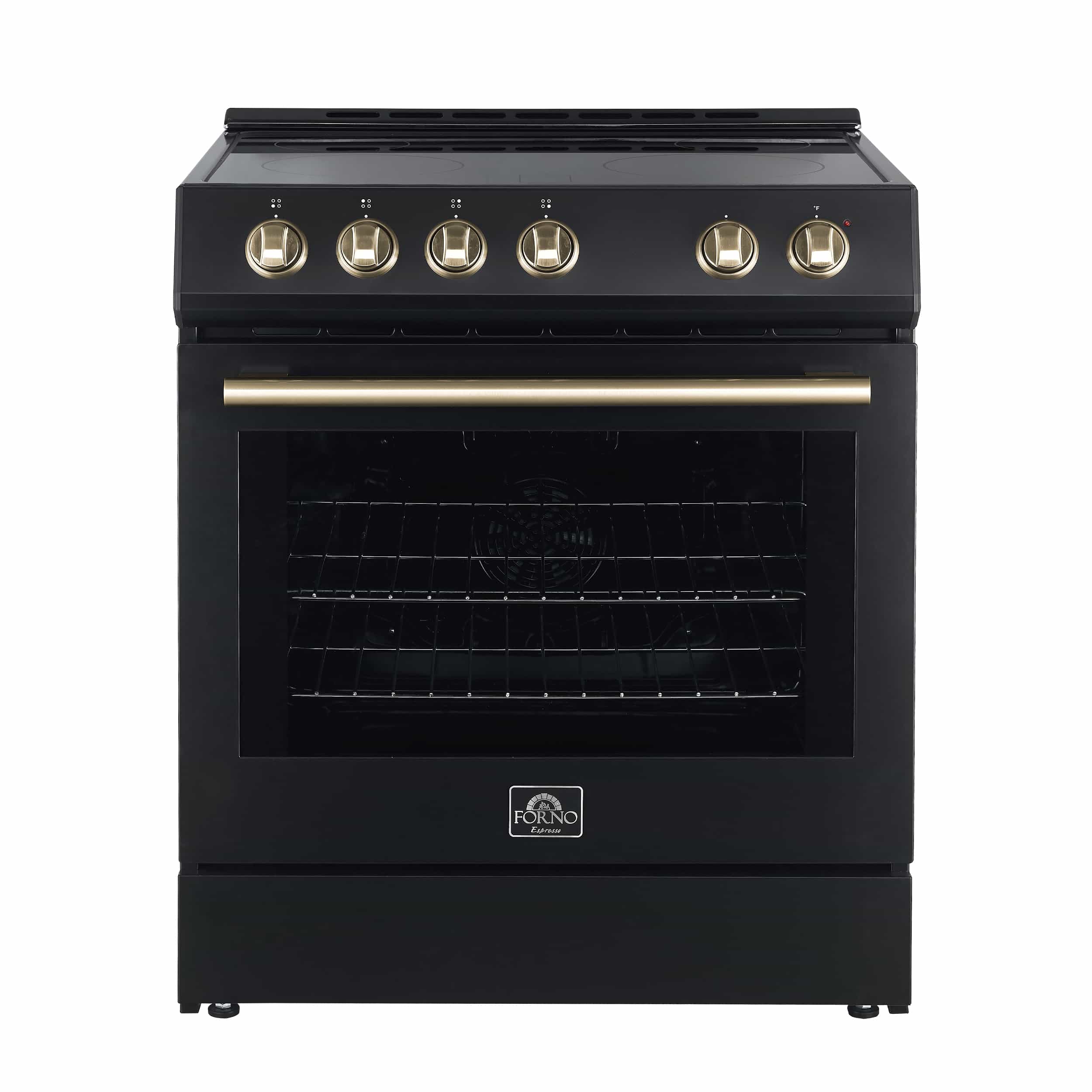 Black electric range with antique brass control knobs and glass oven door