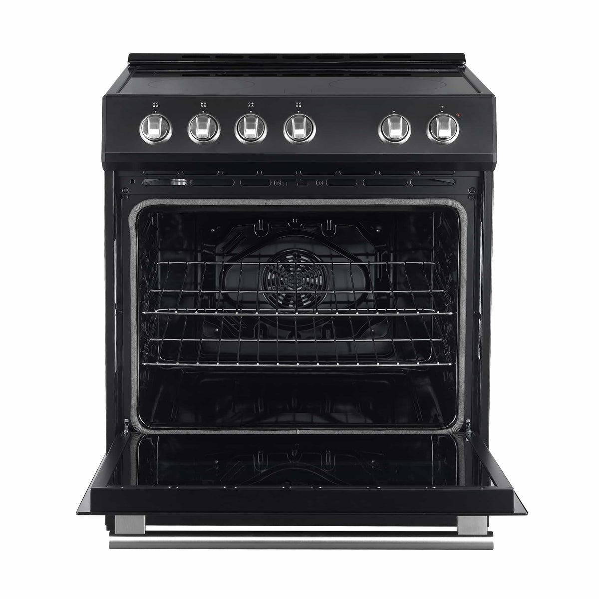 Black electric range with oven door open showing interior racks and heating area