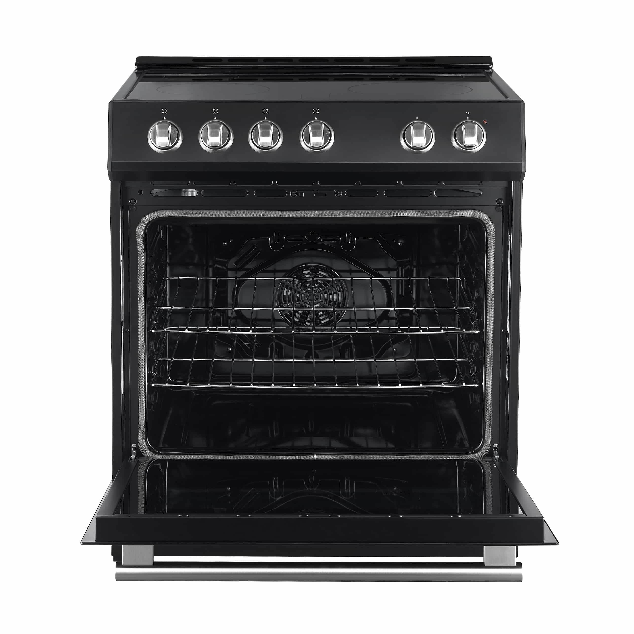 Black electric range with stainless knobs and open oven door, wire racks inside