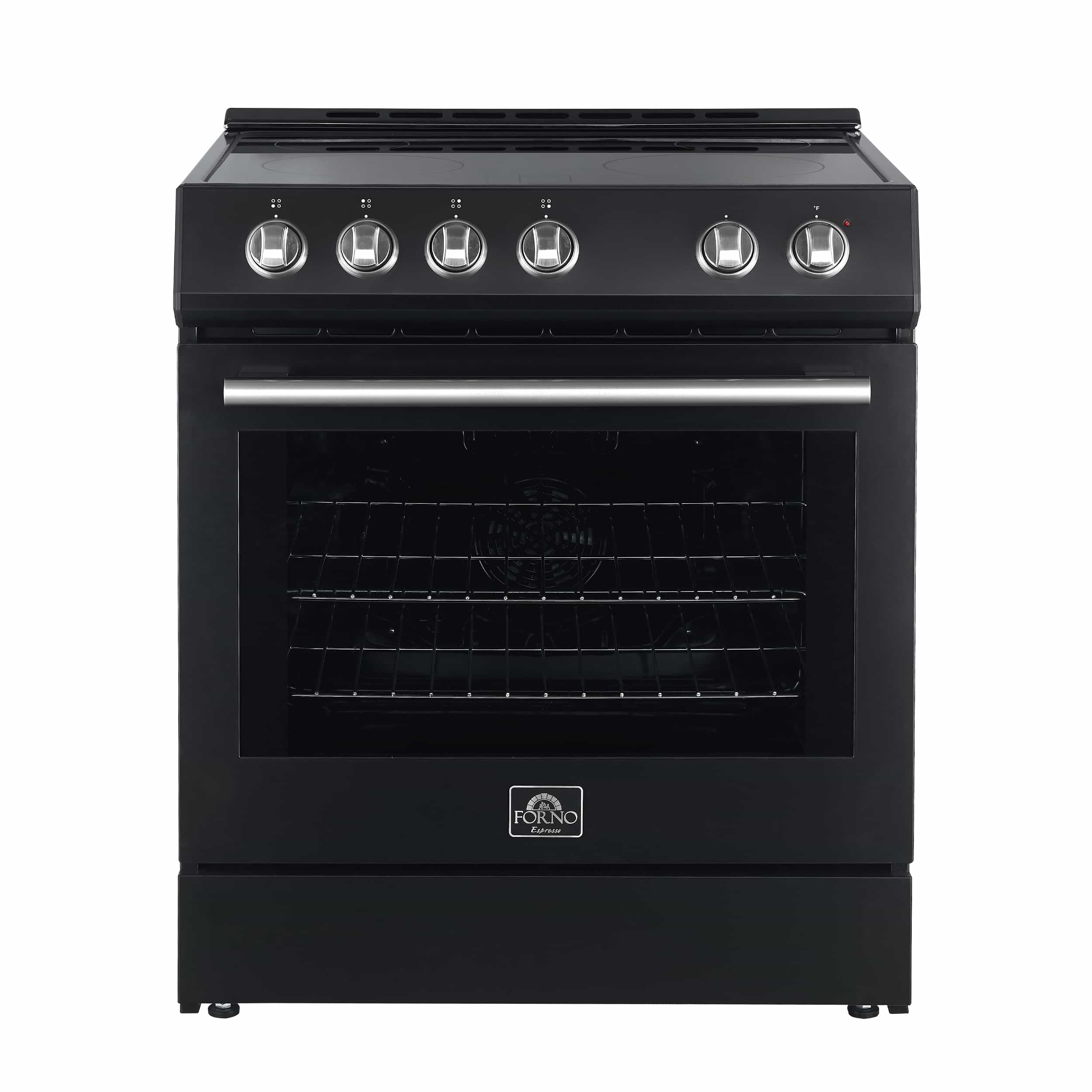 Black electric range with stainless knobs and oven window, front view