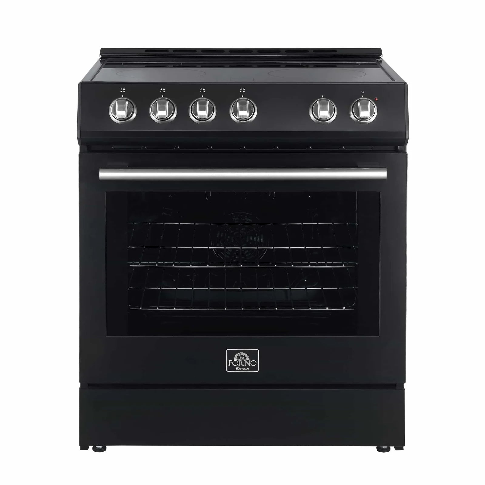 Black electric range with six silver control knobs and oven door window