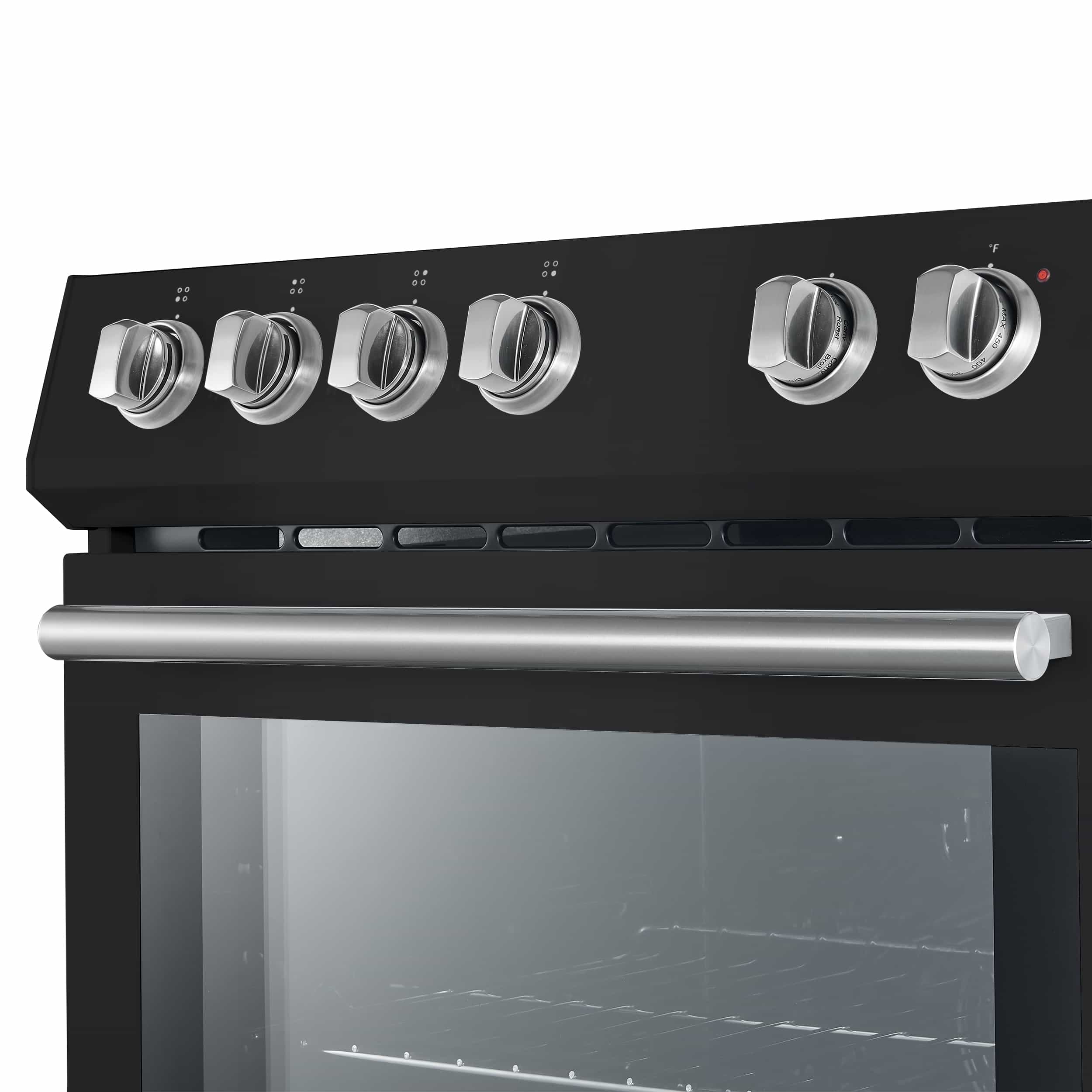Black electric range control panel with six stainless knobs and stainless door handle